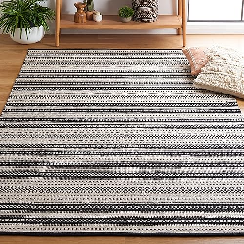 SAFAVIEH Montauk Collection - Alfombra decorativa de 3 x 5 pies, color negro y marfil, tejido plano, diseño de algodón a rayas estilo bohemio, fácil disponible en Yaxa Guatemala