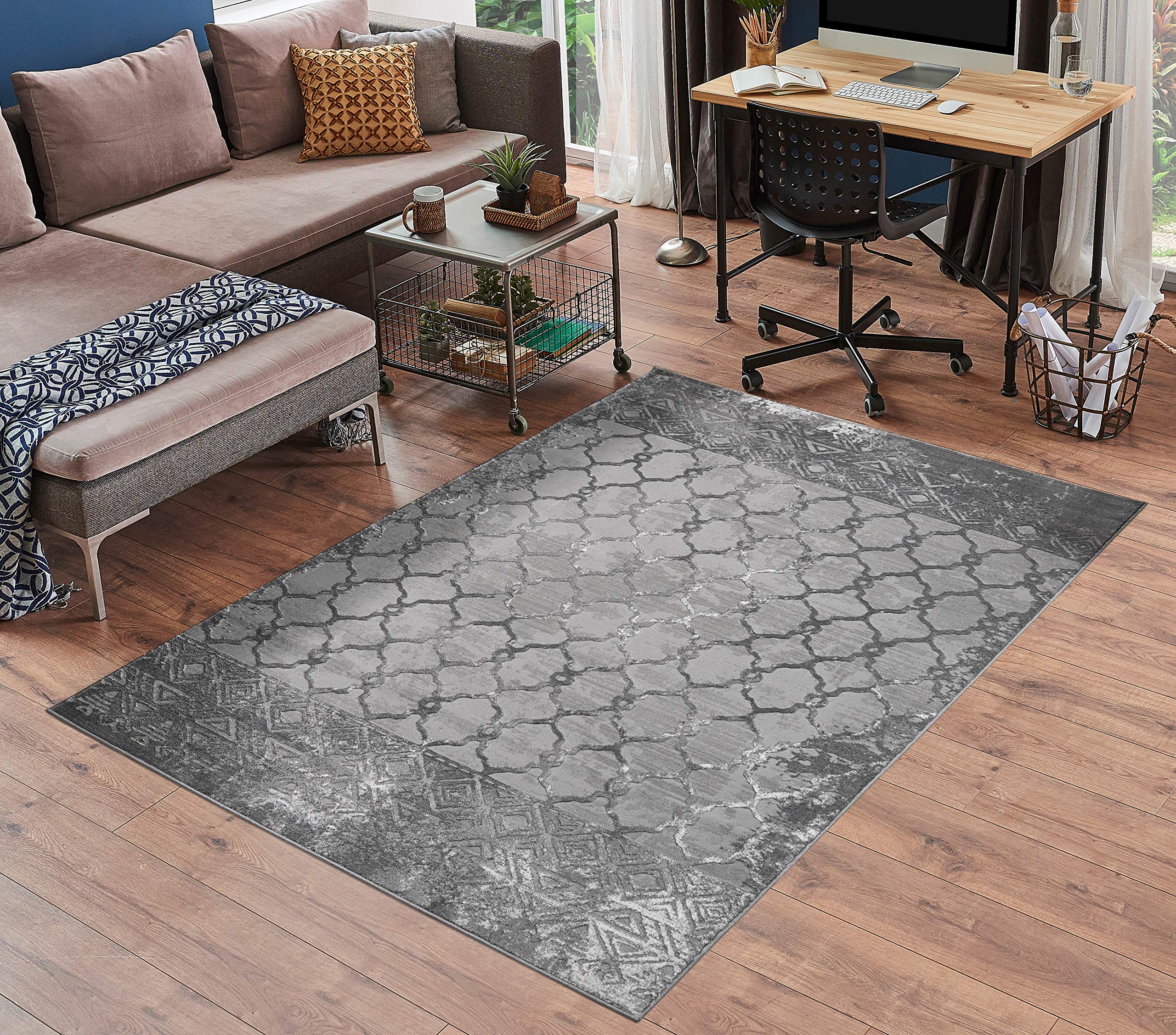 Serdim Rugs Serenity Modern Abstract Trellis Contemporary Area Rugs, polyester, Grey, 80x150cm (2'6"x5'0")