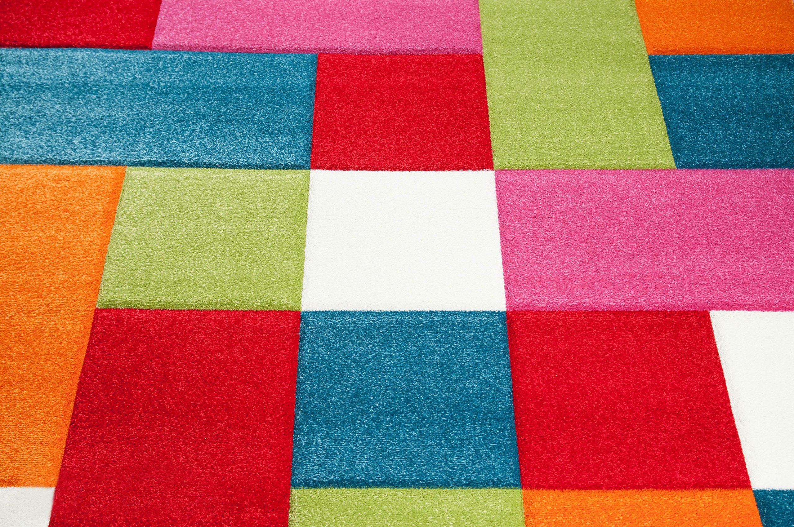 Kinderteppich Spielteppich Kinderzimmerteppich Karomuster Teppich Multicolour in Rot Türkis Orange Creme Grün Pink, Größe 120x170 cm