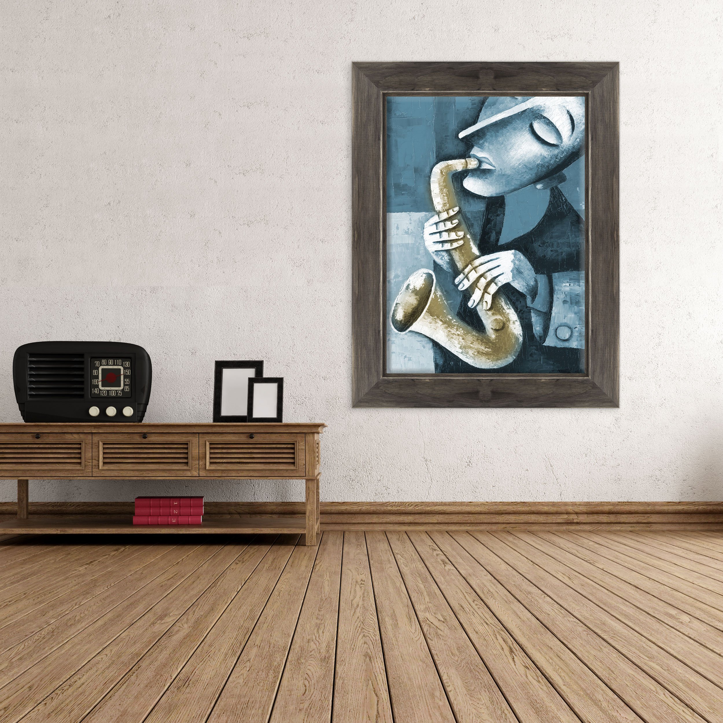 Quadro su Tela Canvas INTELAIATO - con Cornice - Musica Jazz Sax - Illustrazione Disegno Effetto Olio Dipinto - 30x40cm - Stile Country Nero Shabby - (cod.1167)