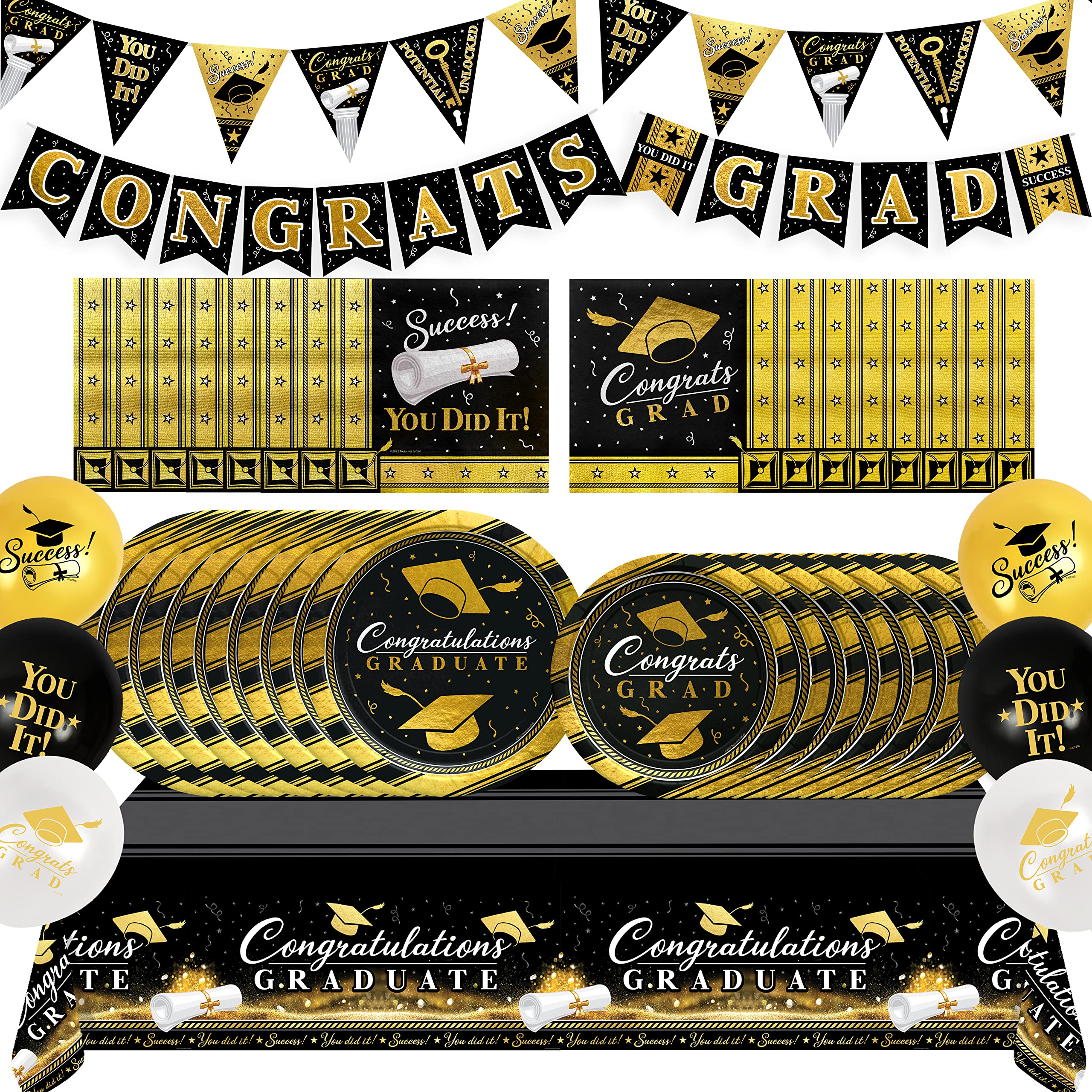 Treasures Gifted Gold 2024 Graduation Decorations - Serves 16 Guests - Complete Set Gold Graduation Decorations - Graduation Decorations Class of 2024 - Graduation Banner, Graduation Balloons & More!
