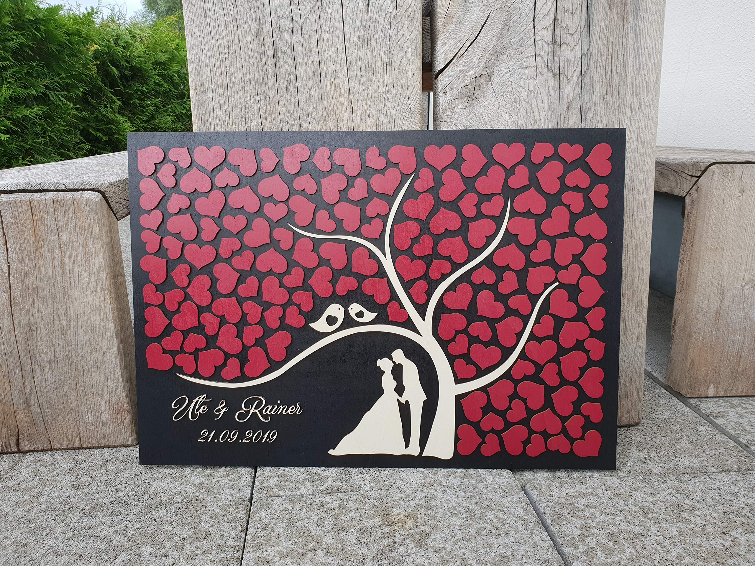 Manschin-Laserdesign Personalisiertes 3D Gästebuch mit 146 Herzen aus echtem Holz - Baum - Gästebuch Alternative - (Hintergrundfarbe Schwarz, Rubinrot)