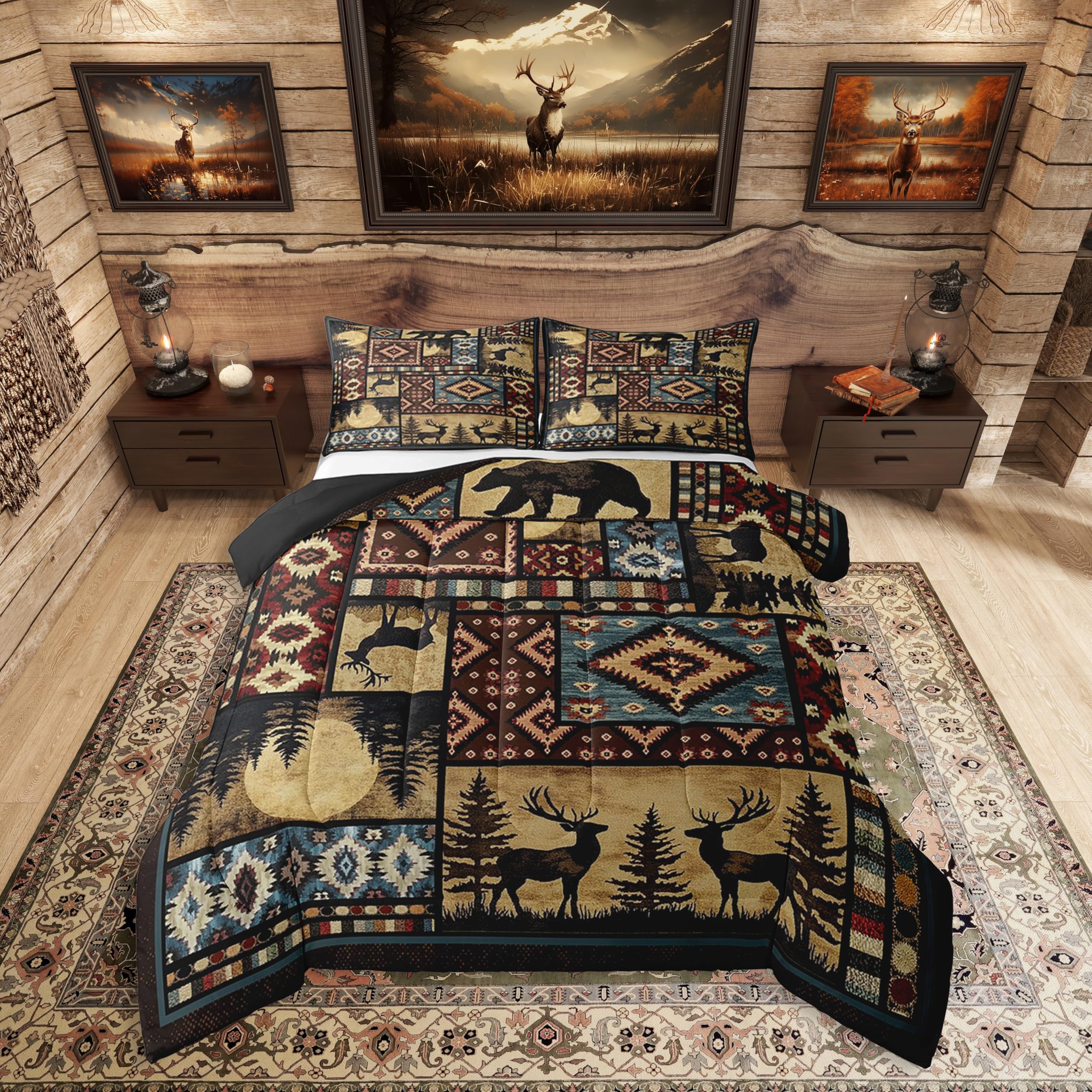 Erosebridal Rustic Bear Comforter Set Queen,Buffalo Plaid Grid Checkered Bedding 3Pcs,Hunting Deer Farmhouse Cabin Decor Quilt,Retro Southwest Aztec