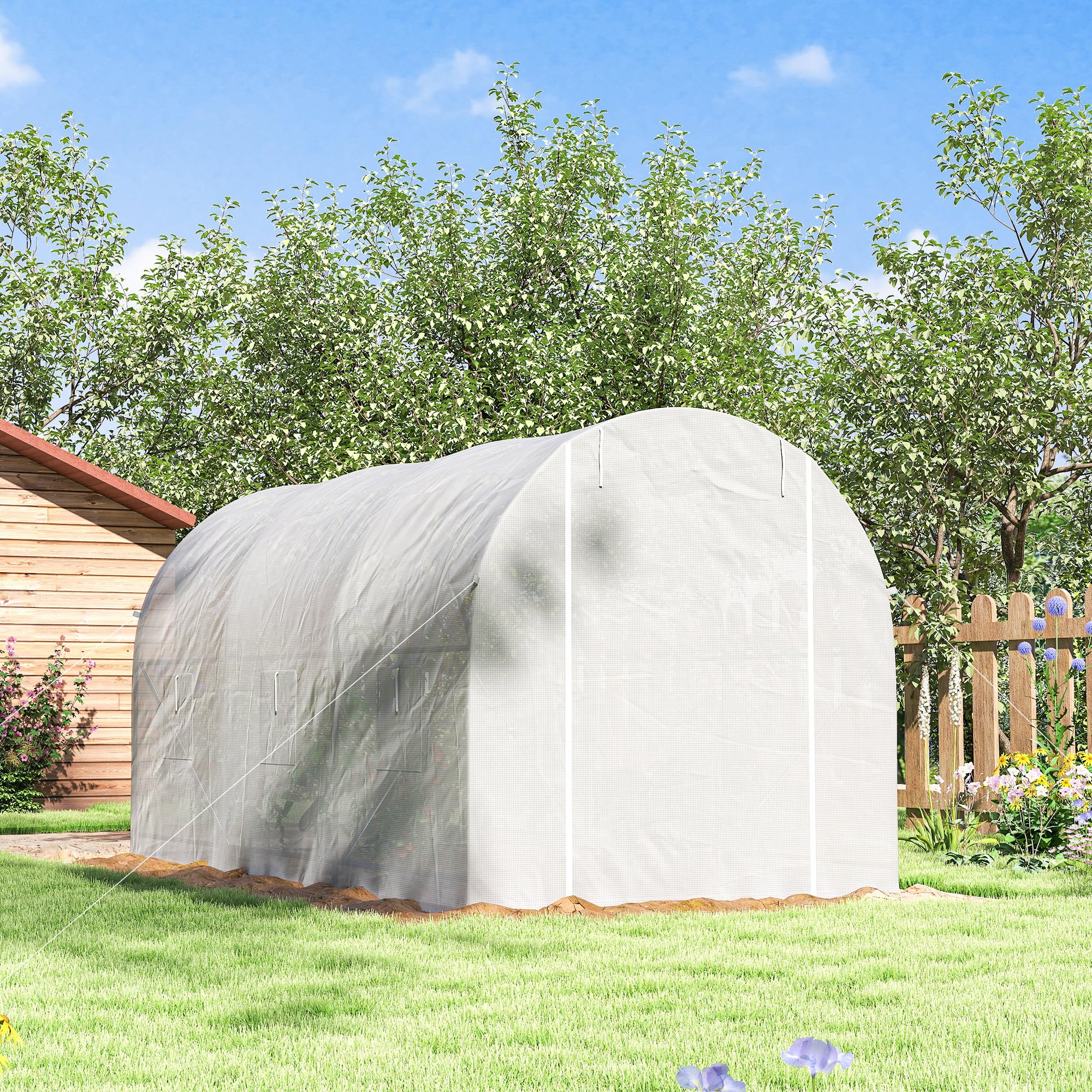 Outsunny Invernadero de Exterior 3,5x2x2 m Invernadero de Túnel con 6 Ventanas de Malla y Puerta Enrollable con Cremallera Invernadero de Huerto Anti-UV para Patio Jardín Blanco