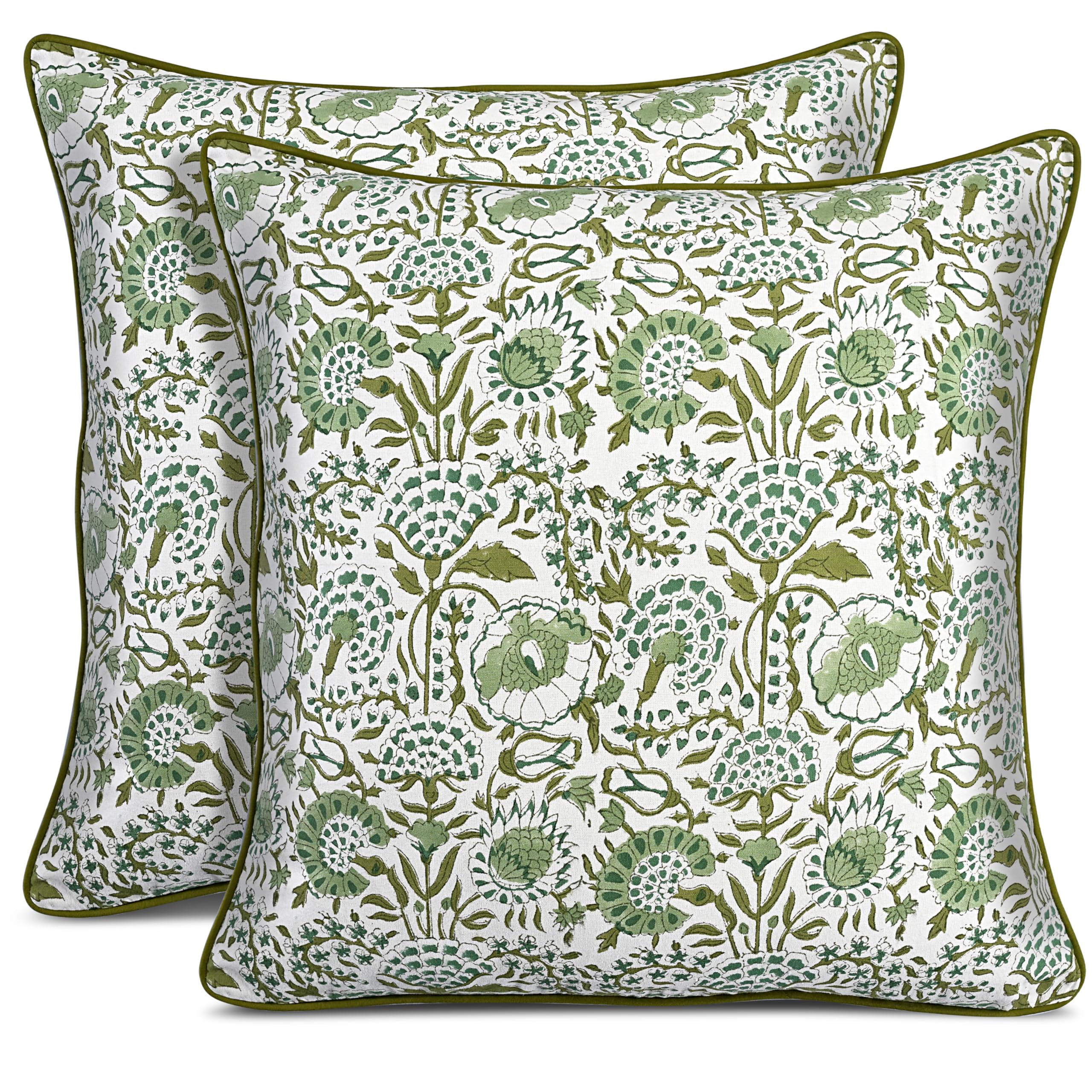 CPC 100% Cotton Throw Pillow Covers 18x18 Inch, Set of 2 Green Block Print Pattern Couch Pillow, Cute Boho Decorative Pillows for Living Room, Bedroom
