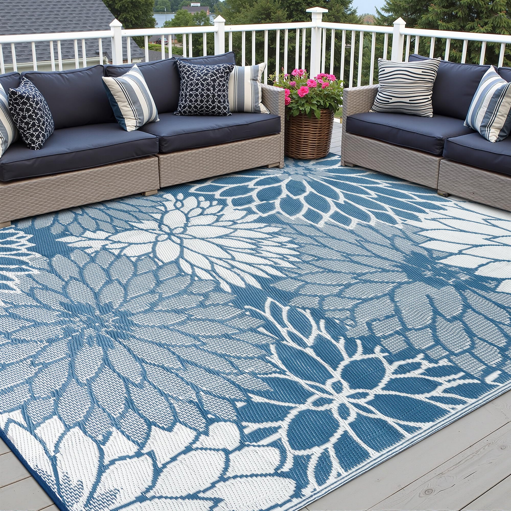 hugear 6'x9' outdoor rug waterproof plastic straw rugs blue reversible floral mat floor carpet for camping rv deck entryance porch picnic balcony beach backyard