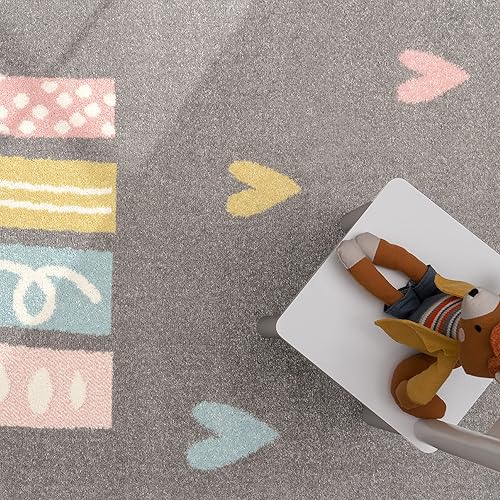 Miniatura 6 de Paco Home Alfombra de habitación infantil con arco iris y corazones en gris, tamaño 2'8" x 4'11"
