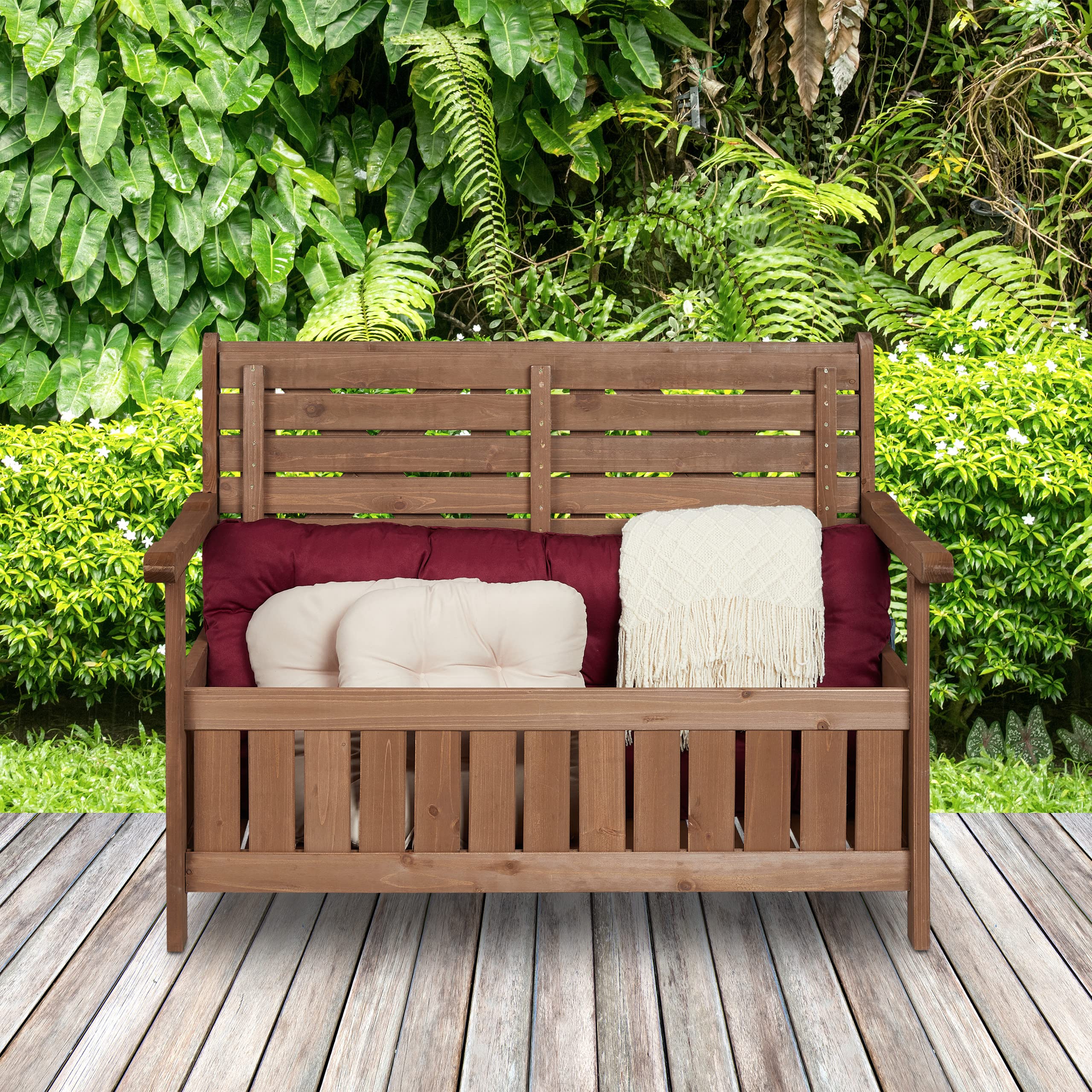 Relaxdays Banco Jardín con Baúl, 2 Plazas, Madera Abeto, 85 x 115 x 60 cm, Asiento Exterior con Respaldo, Marrón Oscuro
