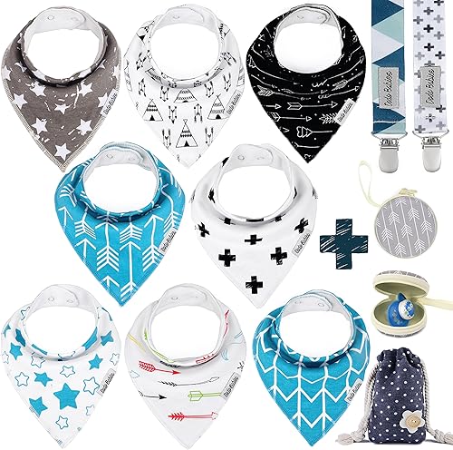Dodo Babies Juego de baberos bandana  Ocho baberos 100% algodón con forro de poliéster suave, 2 clips para chupete, funda Binky, bolsa de regalo