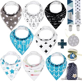 Dodo Babies Bandana Drool Bib Set Eight 100% Cotton Bibs with Soft Polyester Lining, 2 Pacifier Clips, Binky Case, Blue Gift Bag for Baby Girl or Boy Shower Adjustable Snap Fit for 3-24 Months