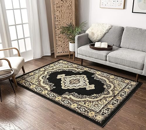 Miniatura 6 de Well Woven Medallion - Alfombra negra de 3 pies 3 pulgadas x 5 pies