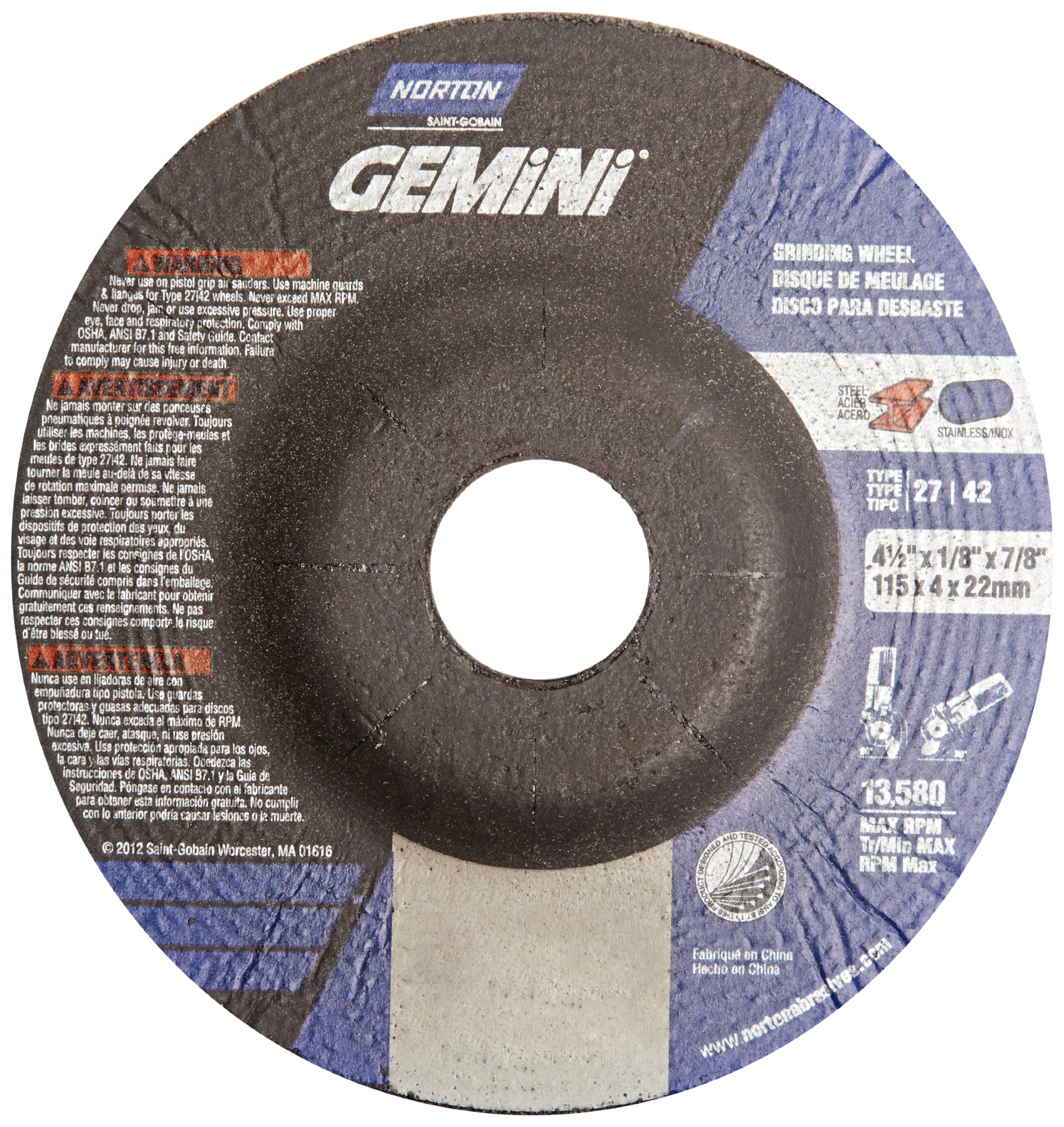 Norton Gemini Depressed Center Abrasive Wheel, Type 27, Aluminium Oxide, 7/8