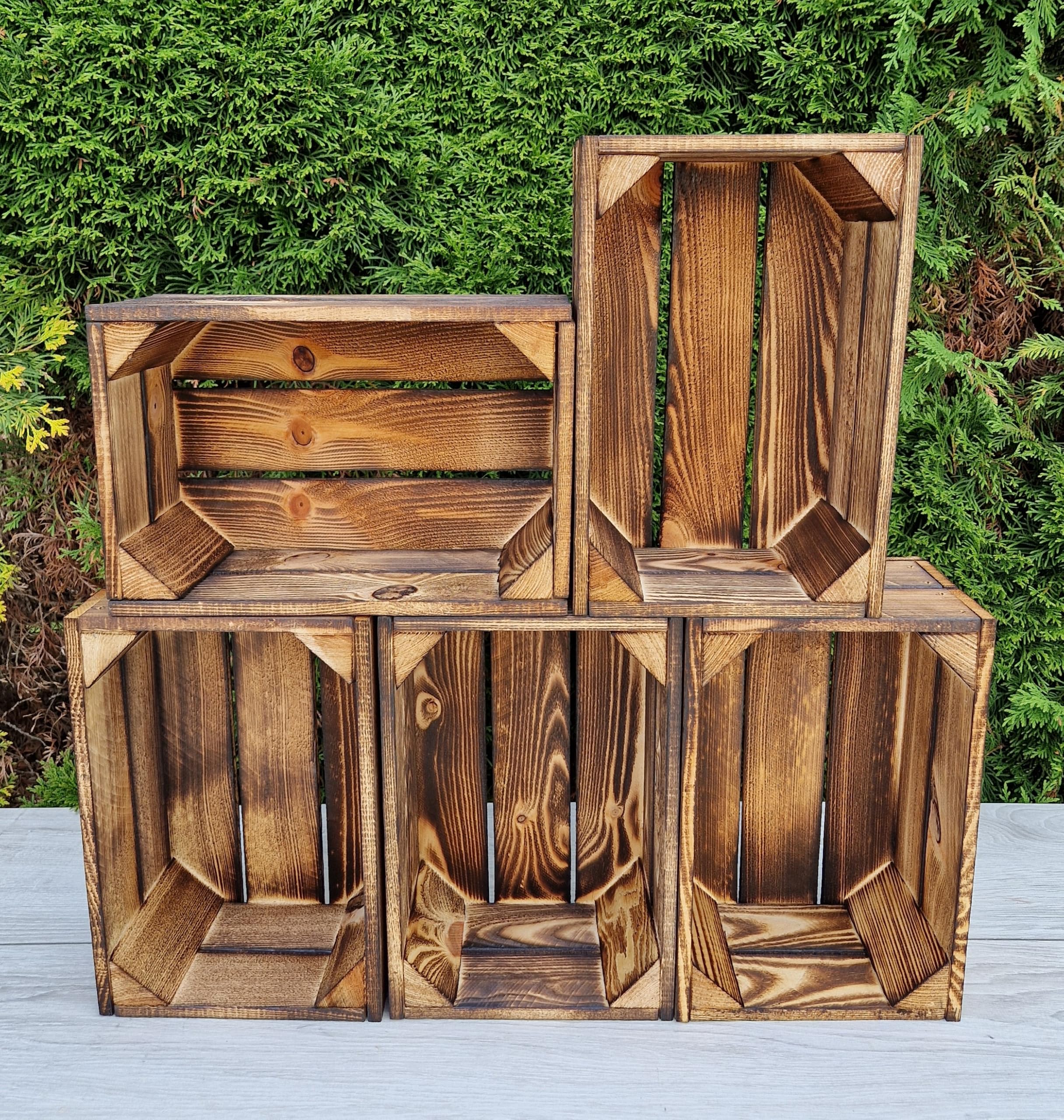 PYXIDAS Rustic Wooden Storage Boxes & Crates - Handmade Vintage Home Decor (Burnt effect 5 Crates, 30x20x15)