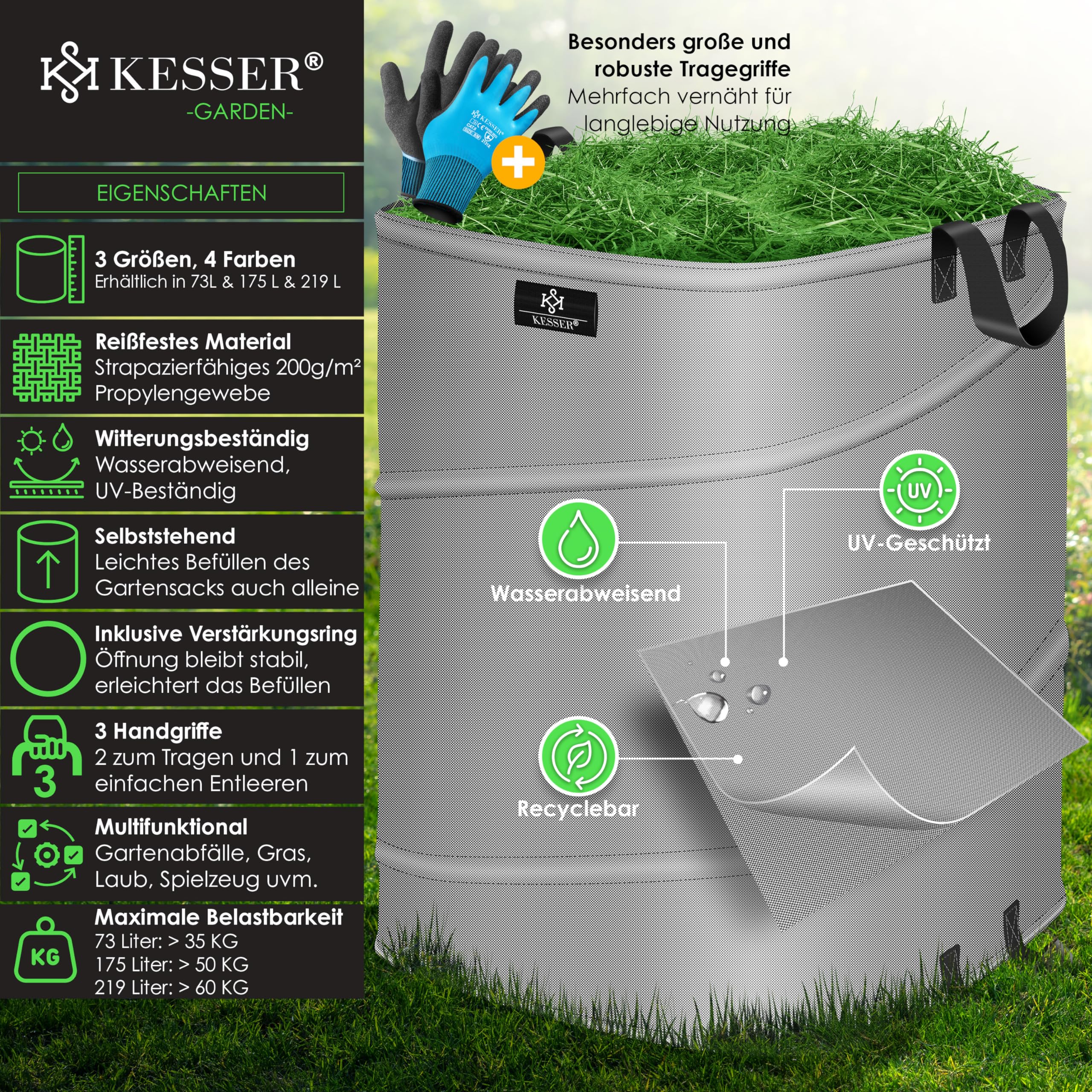 KESSER® Set di Sacchi da Giardino Pop-up - 4x 175 Litri, Sacco per Rifiuti da Giardino con Guanti, Autoportante con Maniglie, Robusto, Robusto e Richiudibile, Grigio/Nero