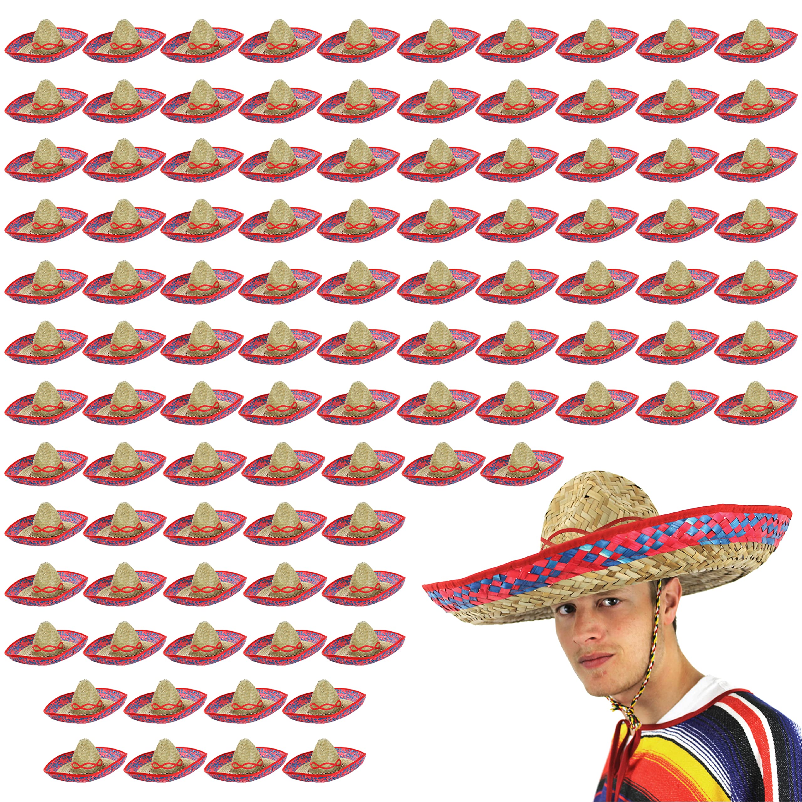 Mexican Red Embroidered Sombrero - Pack of 48 - Straw Hat Fancy Dress Holiday Accessory Ideal for Hen Night, Beach Party