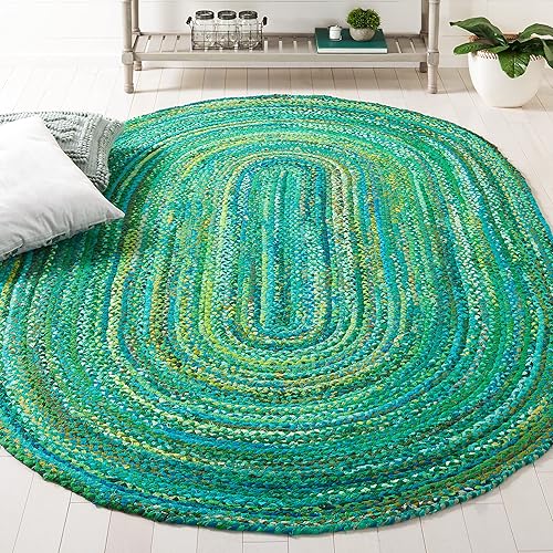Safavieh Alfombra trenzada de la colección  3 x 5 pies, ovalada, verde, hecha a mano de algodón reversible, ideal para zonas de alto tráfico en sala disponible en Yaxa Peru