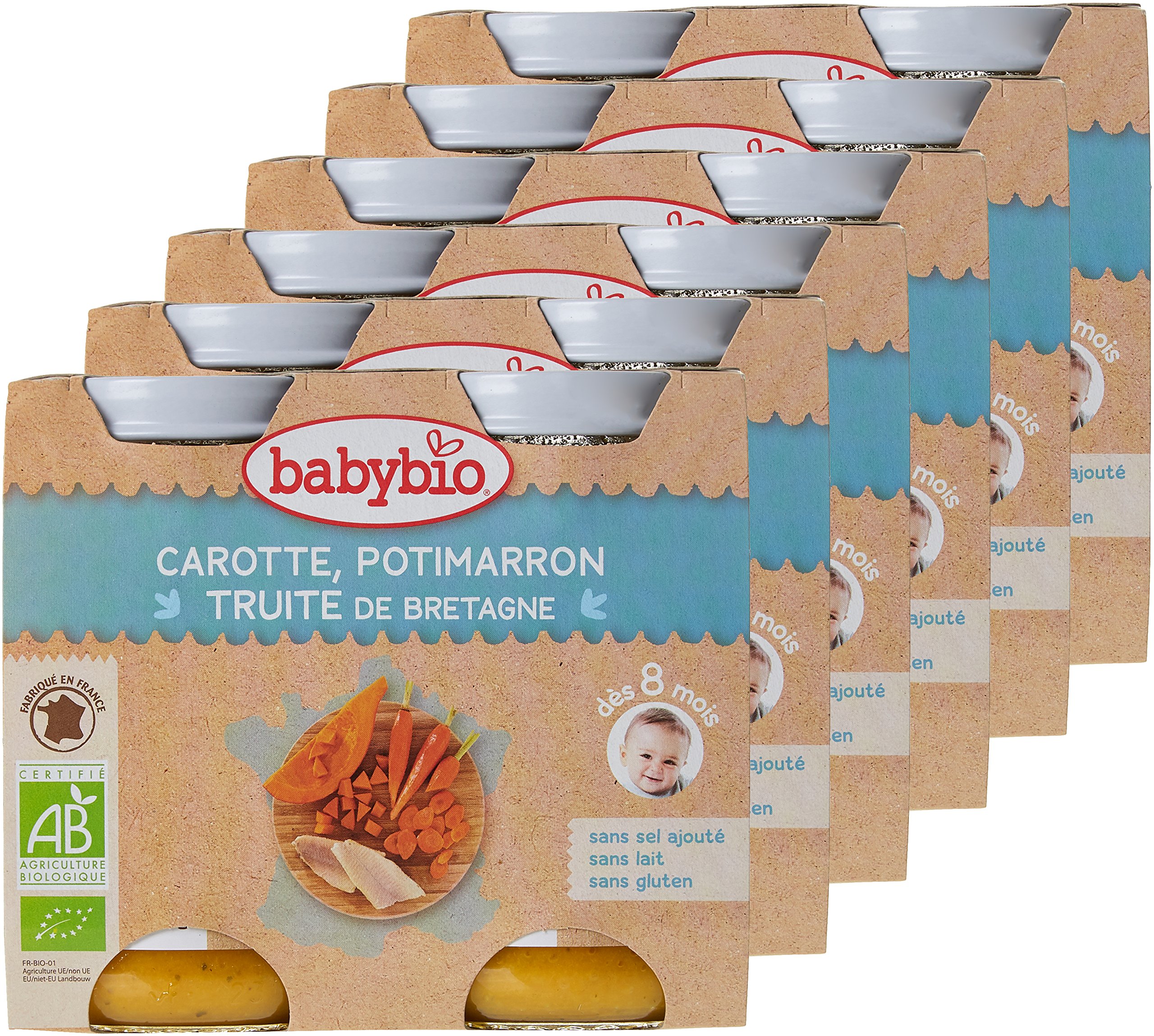 Babybio - Petits Pots Carotte Potimarron Truite de Bretagne 2x200 g - 8+ Mois - BIO - Lot de 6