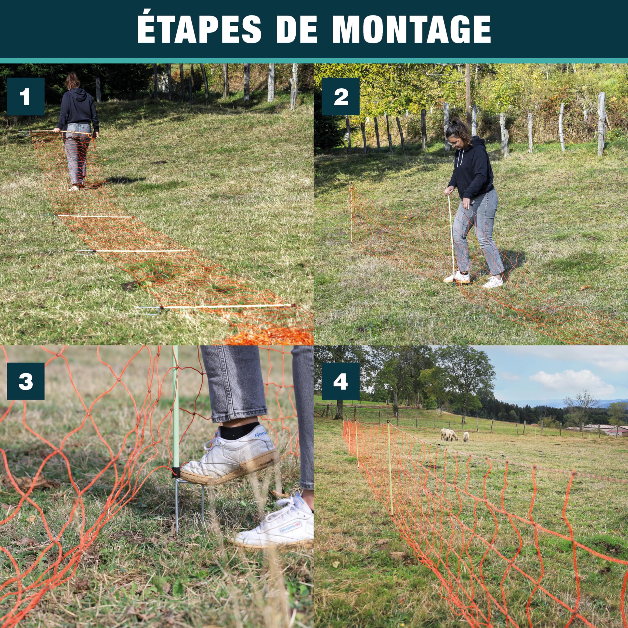 Filet électrifiable 50m - 14 Piquets - Hauteur 88cm - Clôture électrique pour animaux - Solution facile à installer et mobile - Double Pointe - Filet pour mouton, chèvre, poule (Premium)