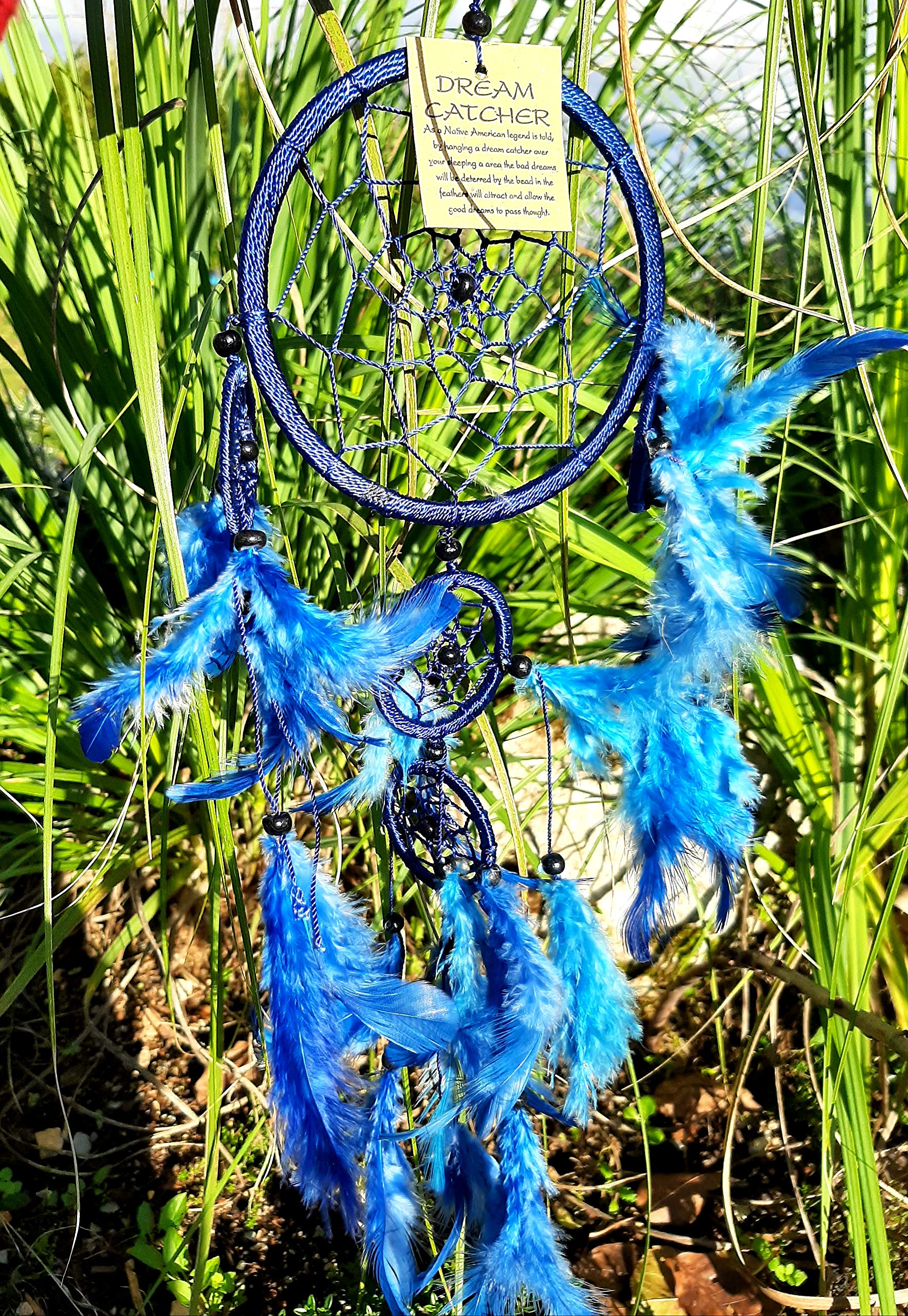 Acchiappasogni Artigianale Blu, Diametro 12 Cm, Altezza 48 Cm Con Piume, Fatto A Mano, Portafortuna