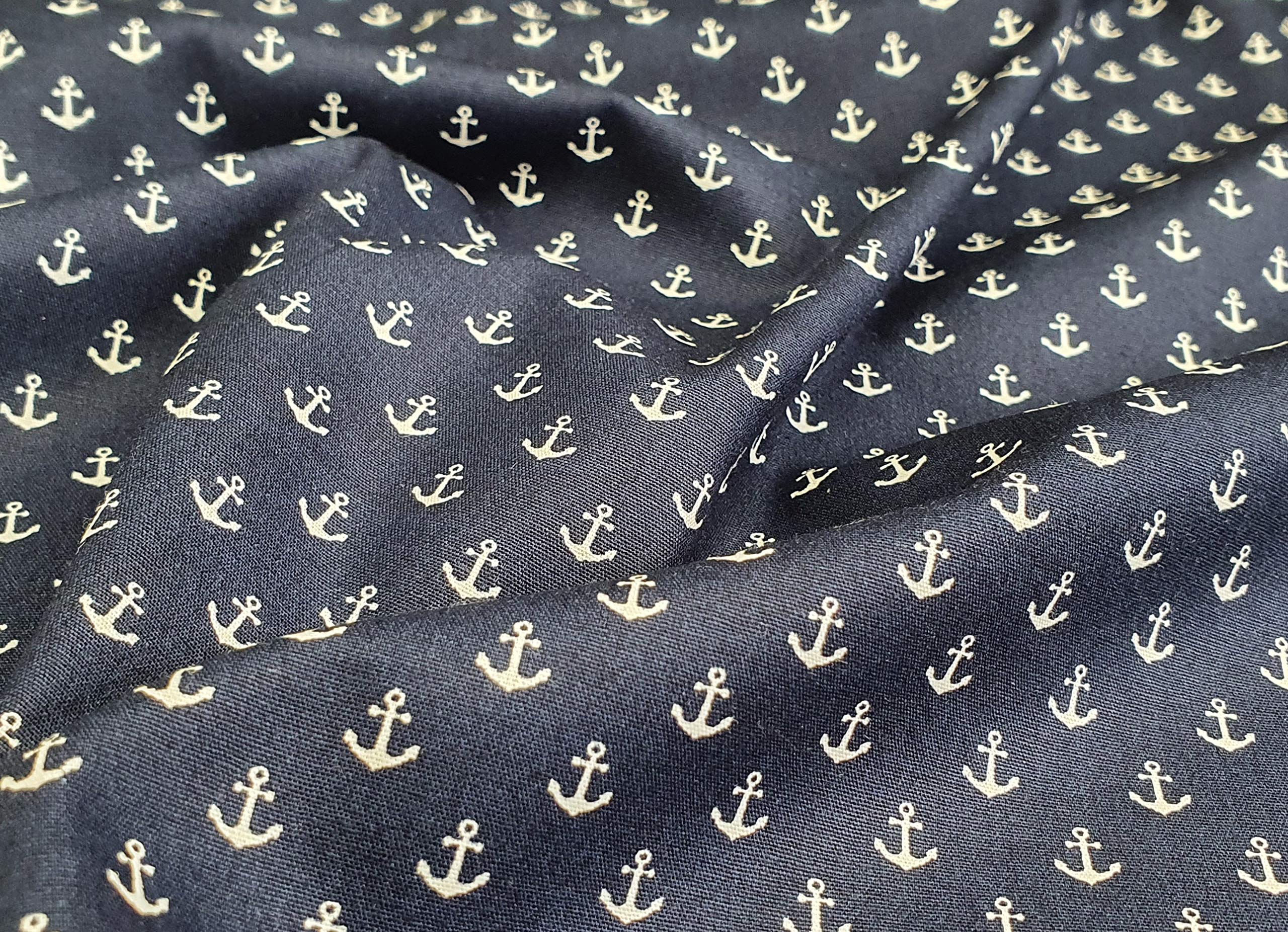 Empee Navy Blue & White Small Anchors - Nautical Print - 100% Cotton Poplin Fabric - Fabric Craft Material Metre