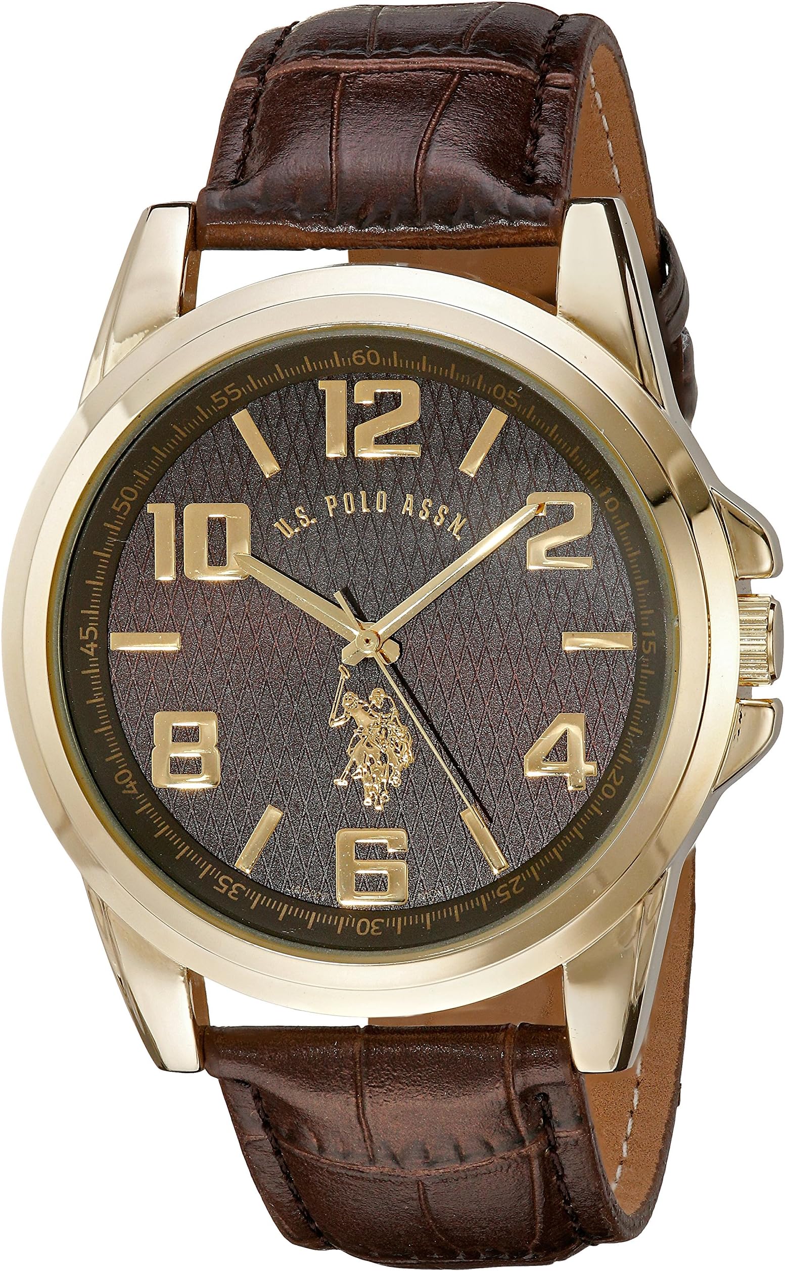 U.S. Polo Assn. Men’s Gold-Tone Analog Watch with Textured Brown Dial, Faux-Leather Strap, Quartz Movement, Arabic Index, Gift Box Included, Fits Wrists 5.5" to 8"