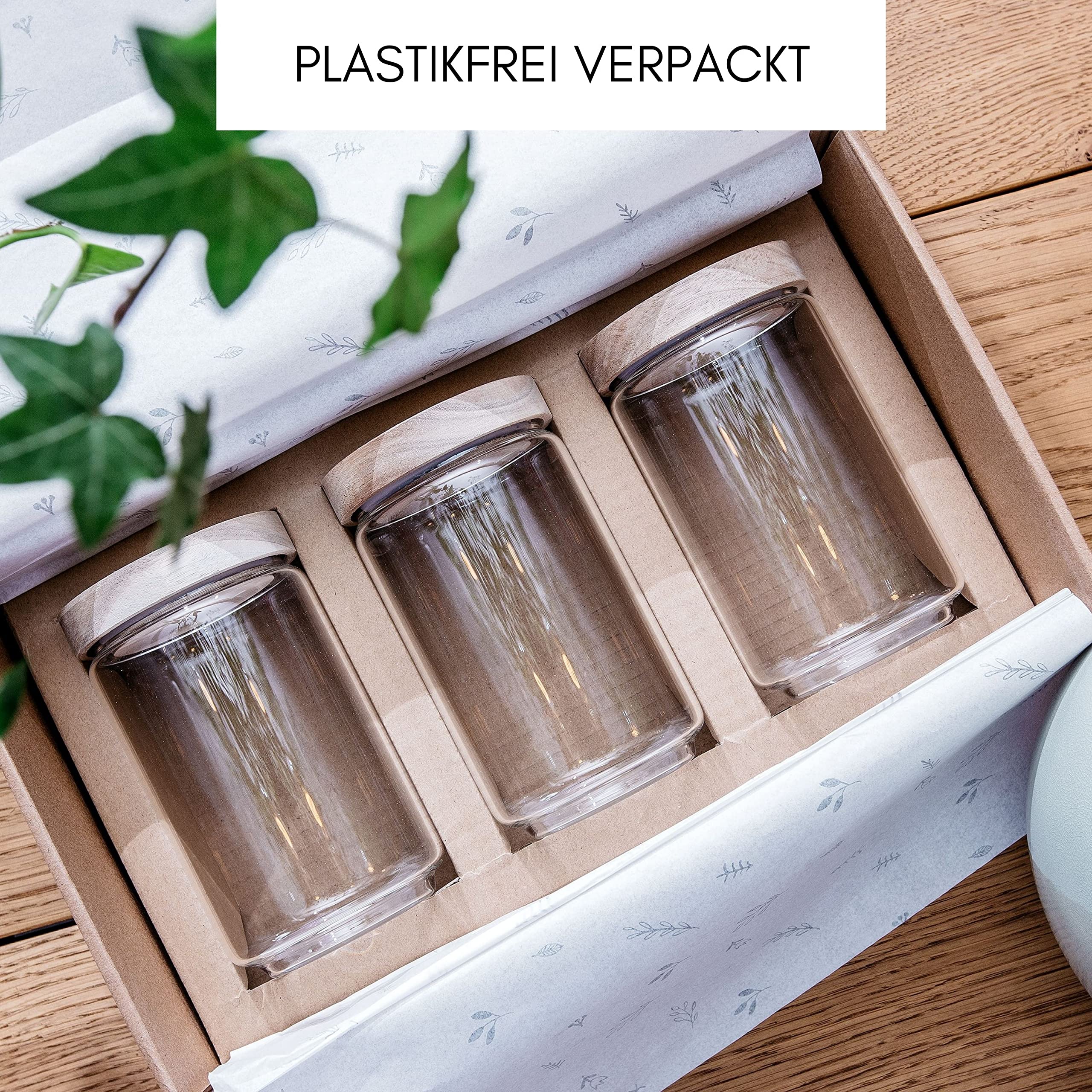 Econovo® Juego de tarros con tapa (4 piezas) de vidrio de borosilicato con tapa de madera, apilables y herméticos, juego de recipientes de cristal para alimentos, 1000 ml/700 ml/500 ml/300 ml