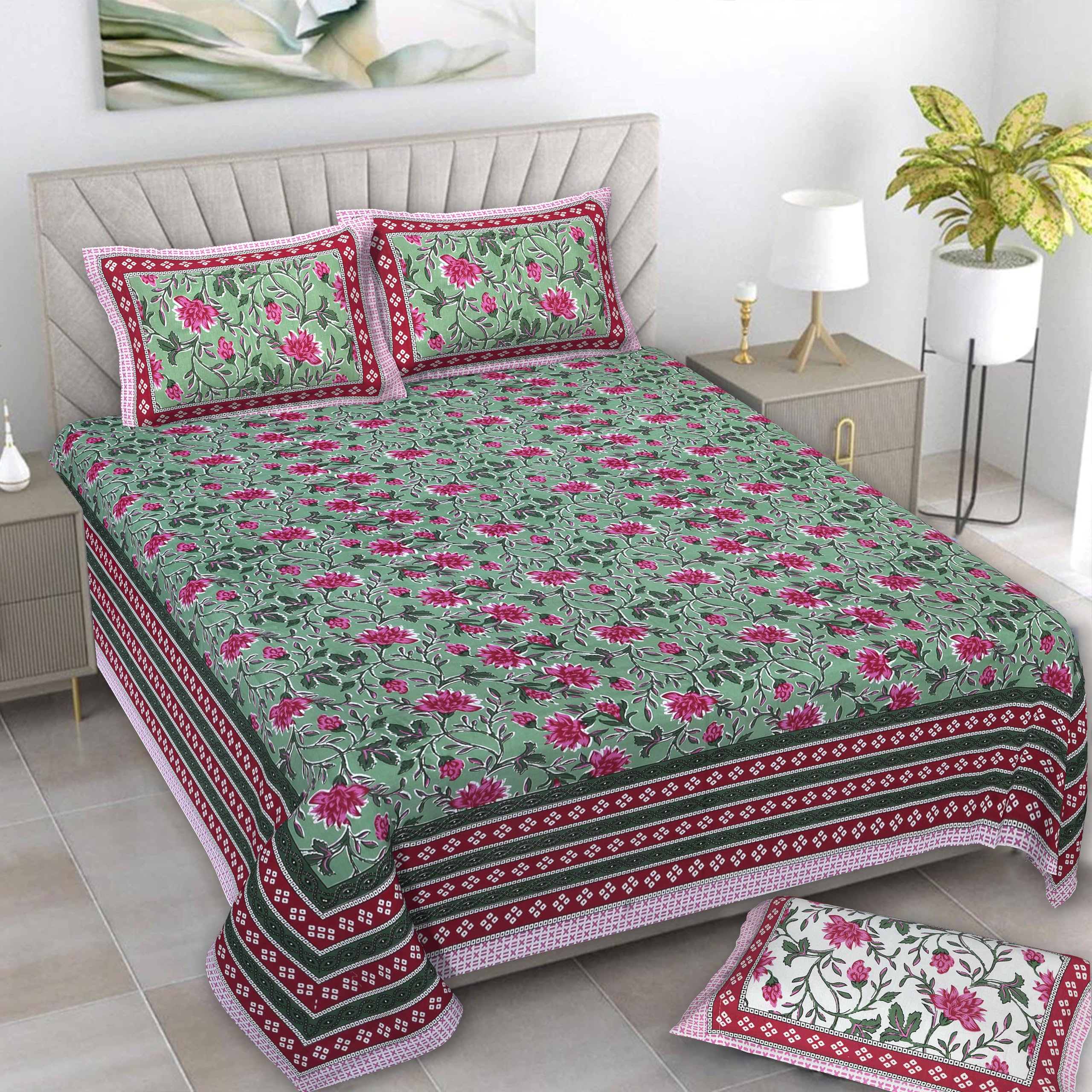 ECOM Studio® Pure 100% Cotton Double Bed Sheet Quen Size with 2 Pillow Covers (Bedsheet for Double Bed Cotton, Jaipuri, King Size,(ESX-1012-Green-Pink)