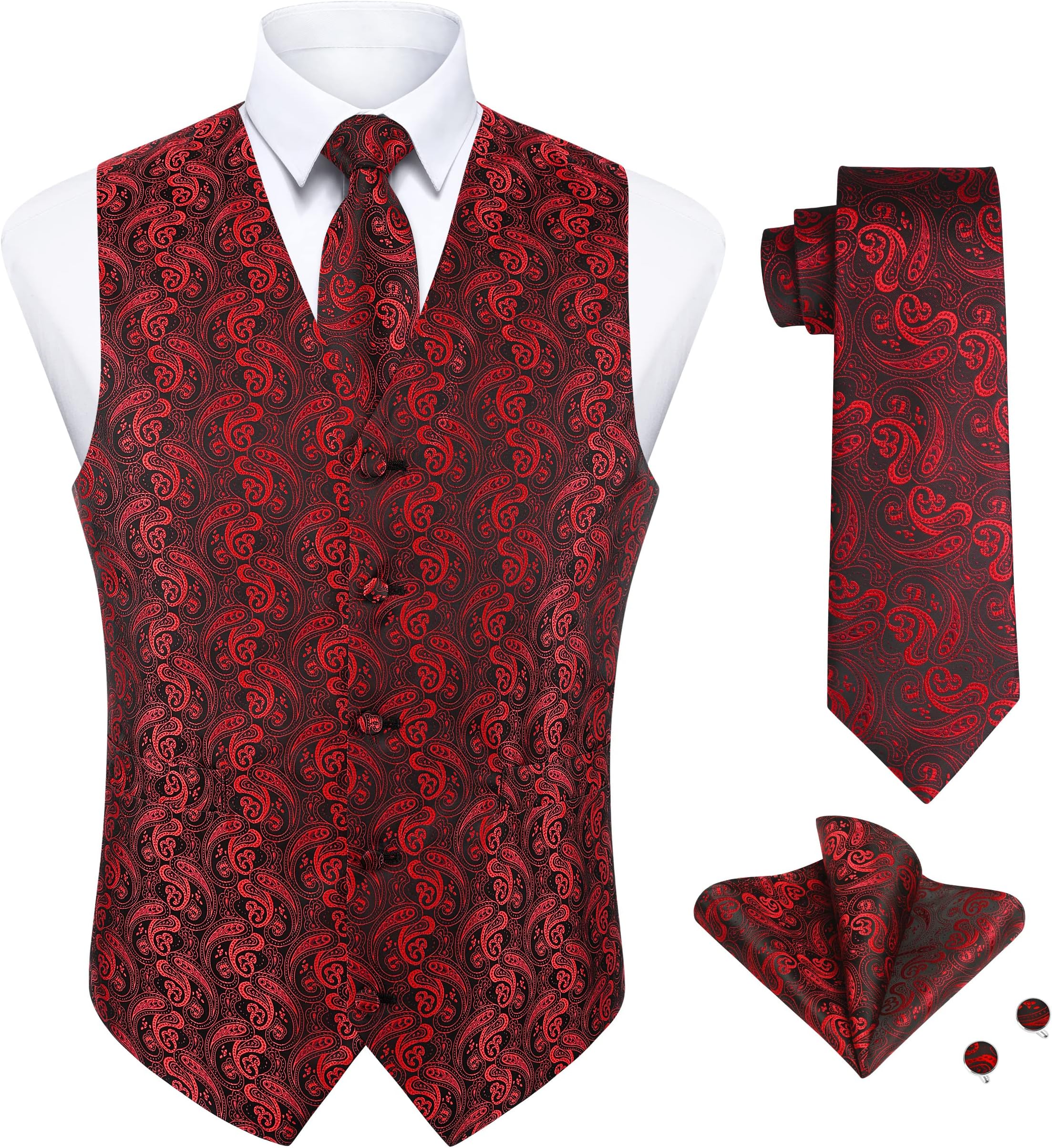 EnlisionMen's Paisley Waistcoat Floral Jacquard Necktie Pocket Square Handkerchief Cufflink Wedding Party Business Fit Vest Suit Set 4Pcs Waistcoat Set S-4XL