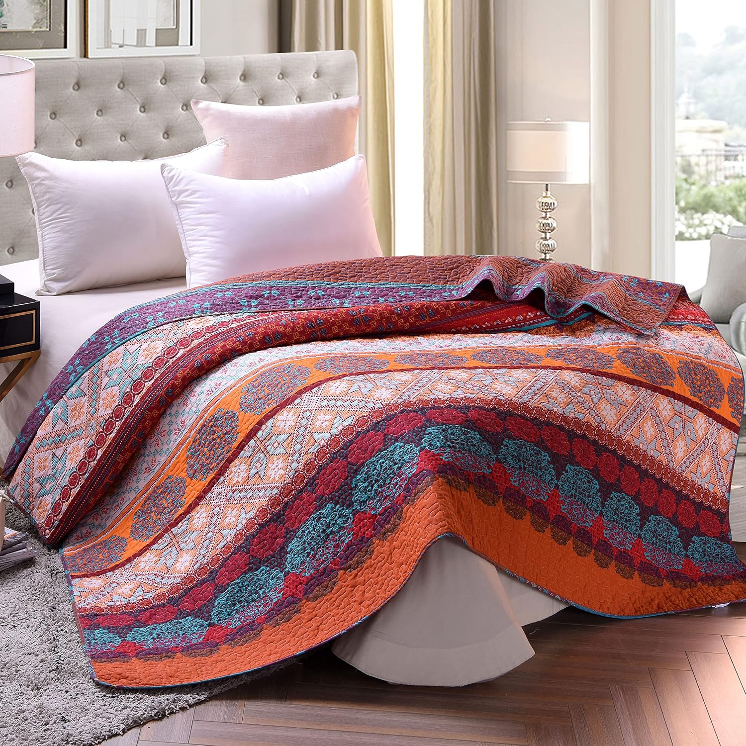 Exclusivo Mezcla Luxury Reversible Cotton Paisley Boho Striped Quilted Twin Size (60x80 Inch) Multicolored Bed Blanket, Machine Washable and Dryable, Red and Orange
