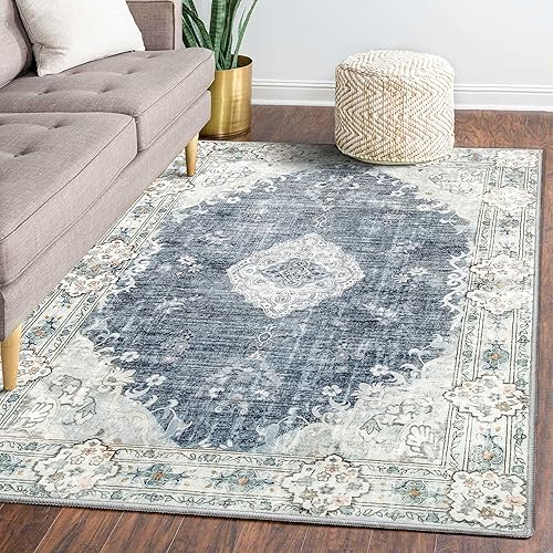 Mujoo - Alfombras de 5 x 7 pies, color azul y gris, lavables a máquina, bohemia, para sala de estar, para dormitorio, lavandería, cocina, disponible en Yaxa Peru