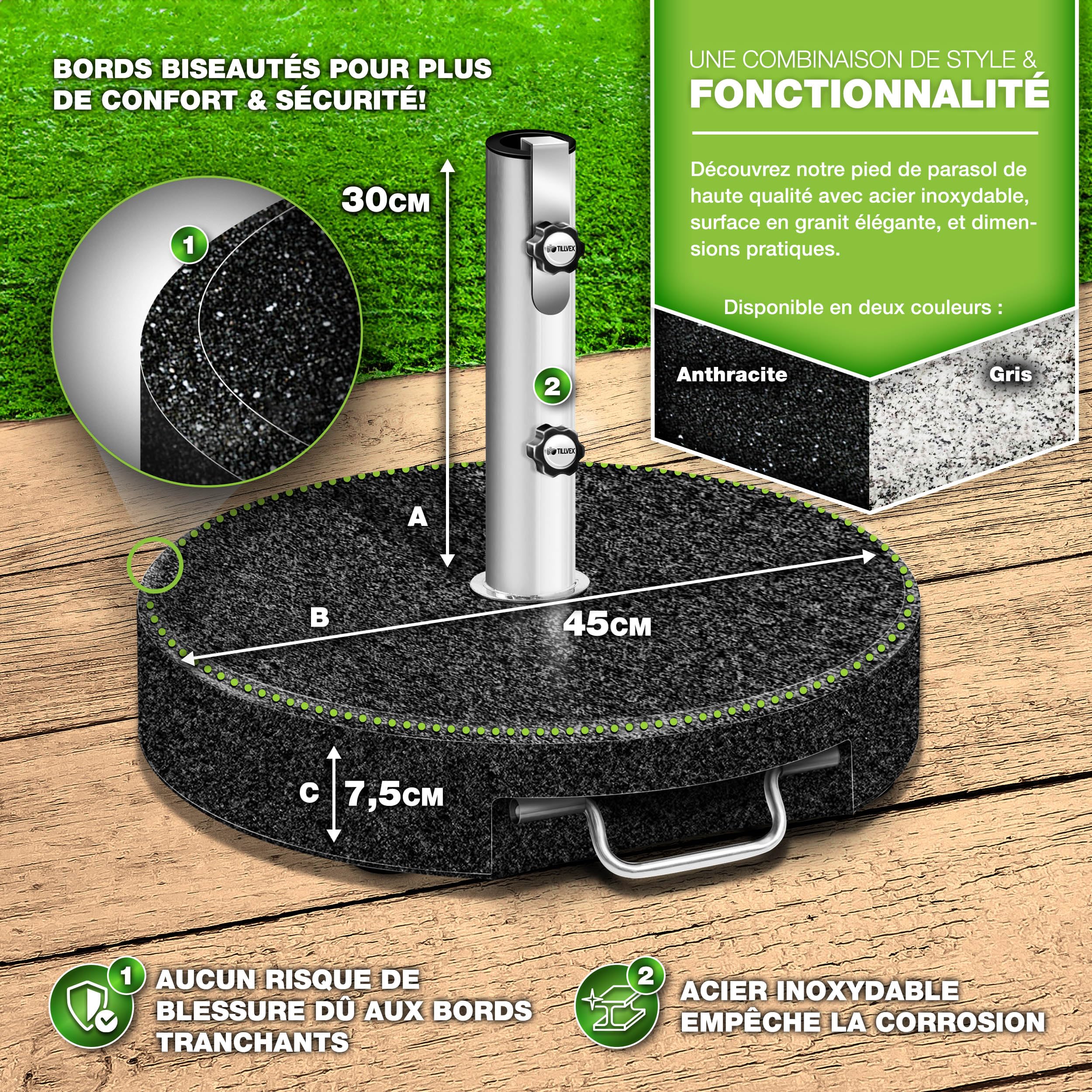 tillvex® Pied de Parasol Rond en Granit avec roulettes - 27 kg | avec Tube en Acier Inoxydable | Parasol Lestage Pieds Base pour pour Parasol déporté mâts de 16 à 48 mm et 250 cm de diamètre