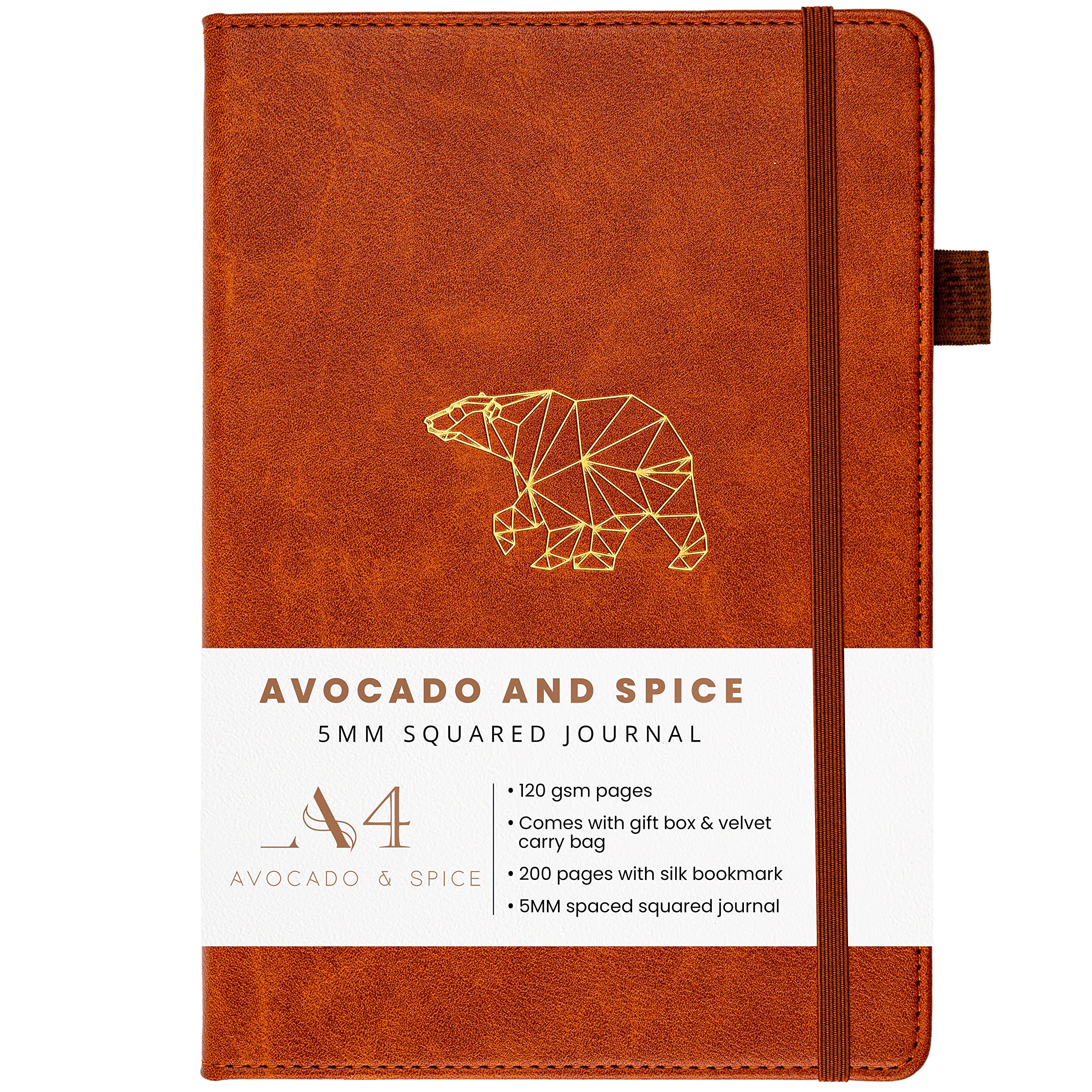 A4 Squared Notebook by Avocado and Spice® Faux Leather Bound Journal with Gift Box & Velvet Bag – Squared Notebook A4 - Square Paper Notebook A4 - 200 Thick Page Grid Notebook (Brown, Squared)