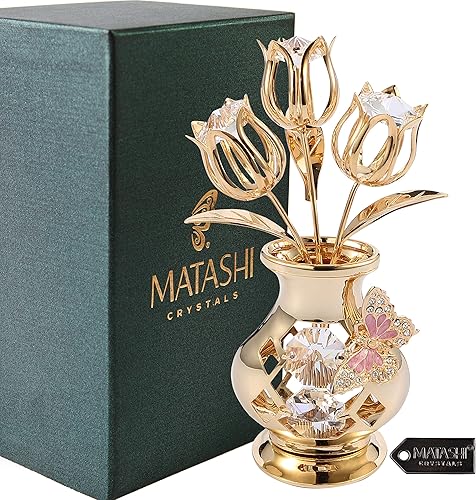 Miniatura 2 de Ornamento de flores en jarrón bañado en oro de 24K con incrustaciones de cristal de Matashi cristales transparentes cristal transparente mariposa