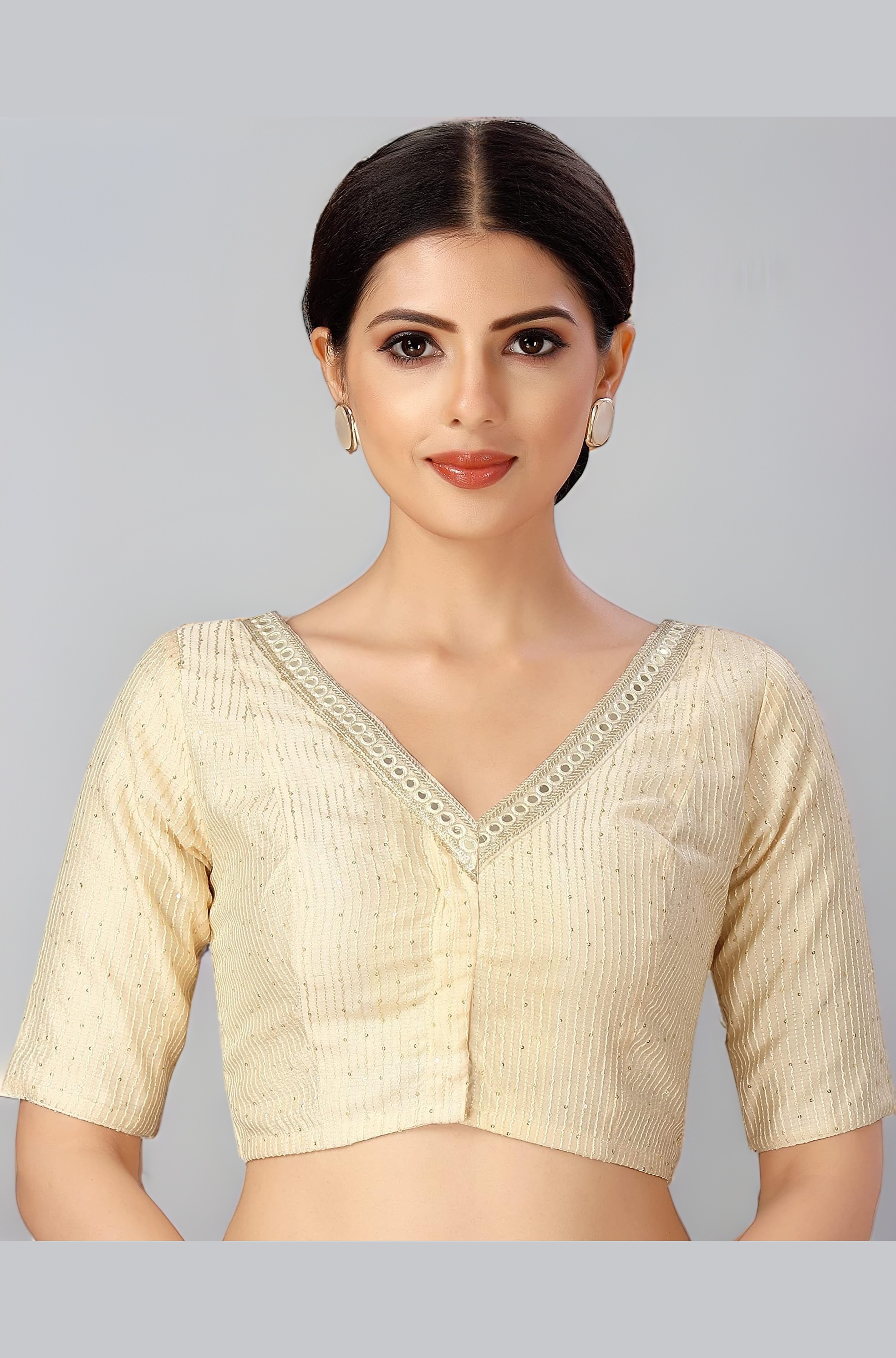 Studio Shringaar Women's Readymade Polyester Elbow Length Sleeves Saree Blouse with Mirror Work