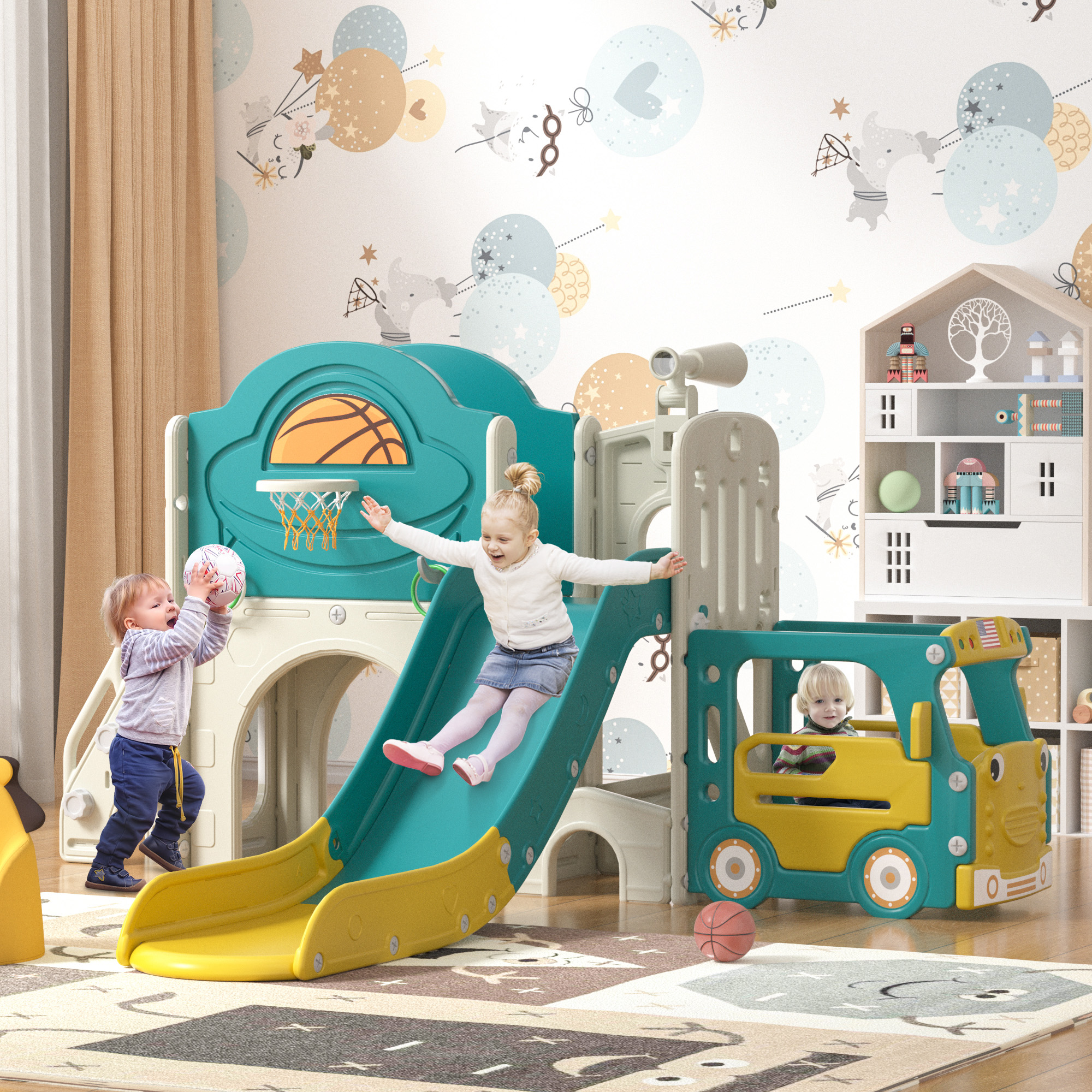 Babytronic 9-in-1 Bus Toddler Slide With Basketball Hoop - Indoor Outdoor Playset For Kids 1-5 Years
