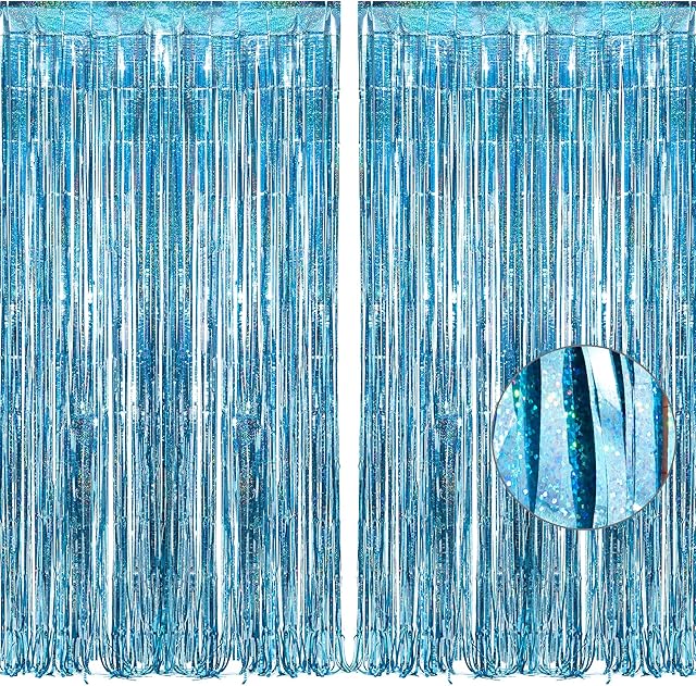BRAVESHINE Blue Foil Fringe Curtain Party Backdrop, Metallic Tinsel Curtains Streamers Party Decor for Kids Frozen Unicorn Mermaid Decorations Baby Shower Ocean Theme Birthday Party (2Pack, 1x2.5m)