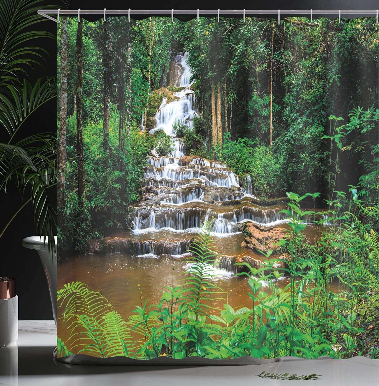 Ambesonne Waterfall Shower Curtain, Long Way Creek in The Tropic Natural Rainforest Exotic Botanical Trees and Bushes Scenery, Cloth Fabric Bathroom Decor Set with Hooks, 69" W x 84" L, Green Brown