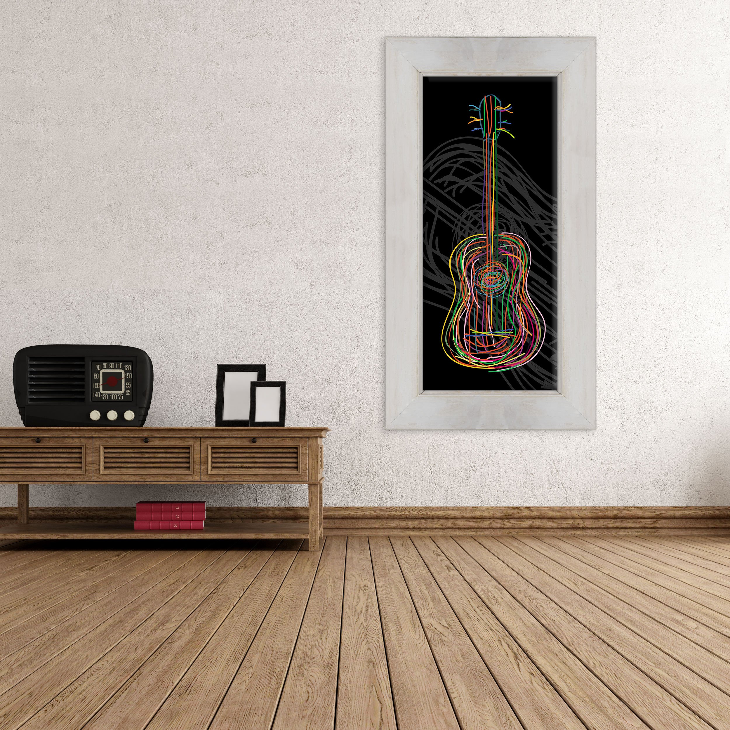 Quadro PANORAMICO su Tela Canvas INTELAIATO - con Cornice - Chitarra - Musica Arte - Deejay Set - Pop Jazz Rock Blues - Graphic Design - 40x100cm - Stile Country Bianco Shabby - (cod.247)