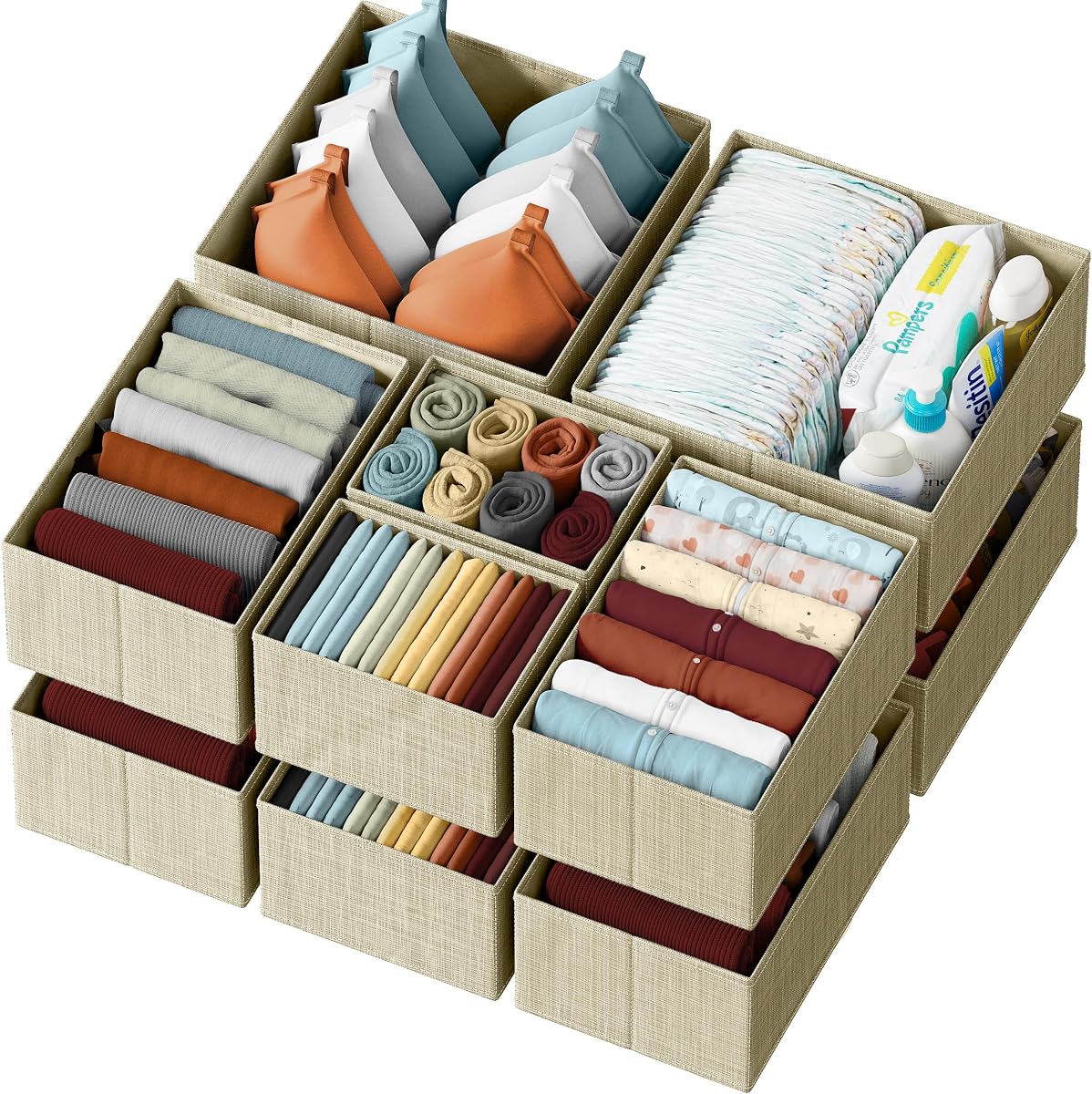 Juego de 12 organizadores de cajones para ropa, color beige, organizador de tocador para guardería, dormitorio, armario, organizadores y almacenamiento perfectos para ropa de bebé y organización general de guardería o organizadores de cajones de tocador
