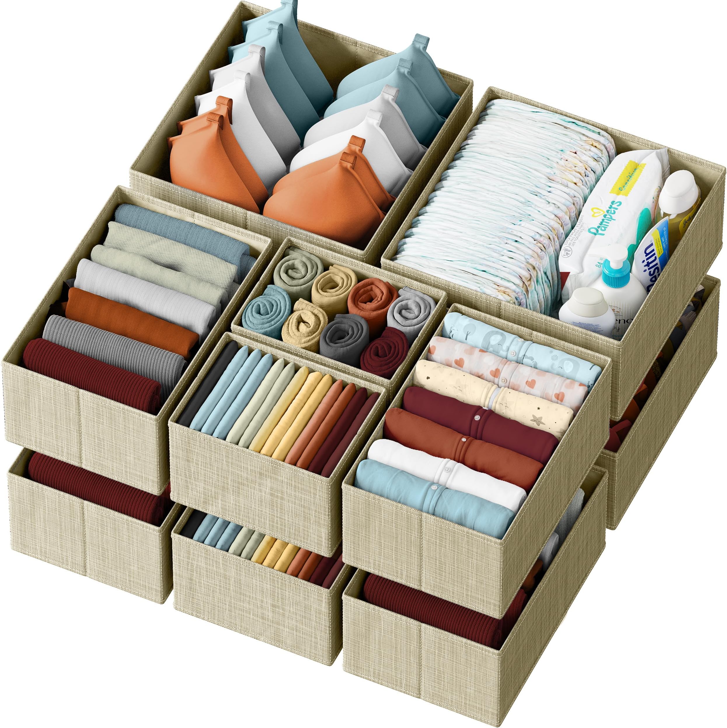Drawer Organizer Clothes Set of 12 Beige - Dresser Organizer For Nursery, Bedroom, Closet - The Perfect Baby Clothes Organizer and Storage & General Nursery Organization or Dresser Drawer Organizers