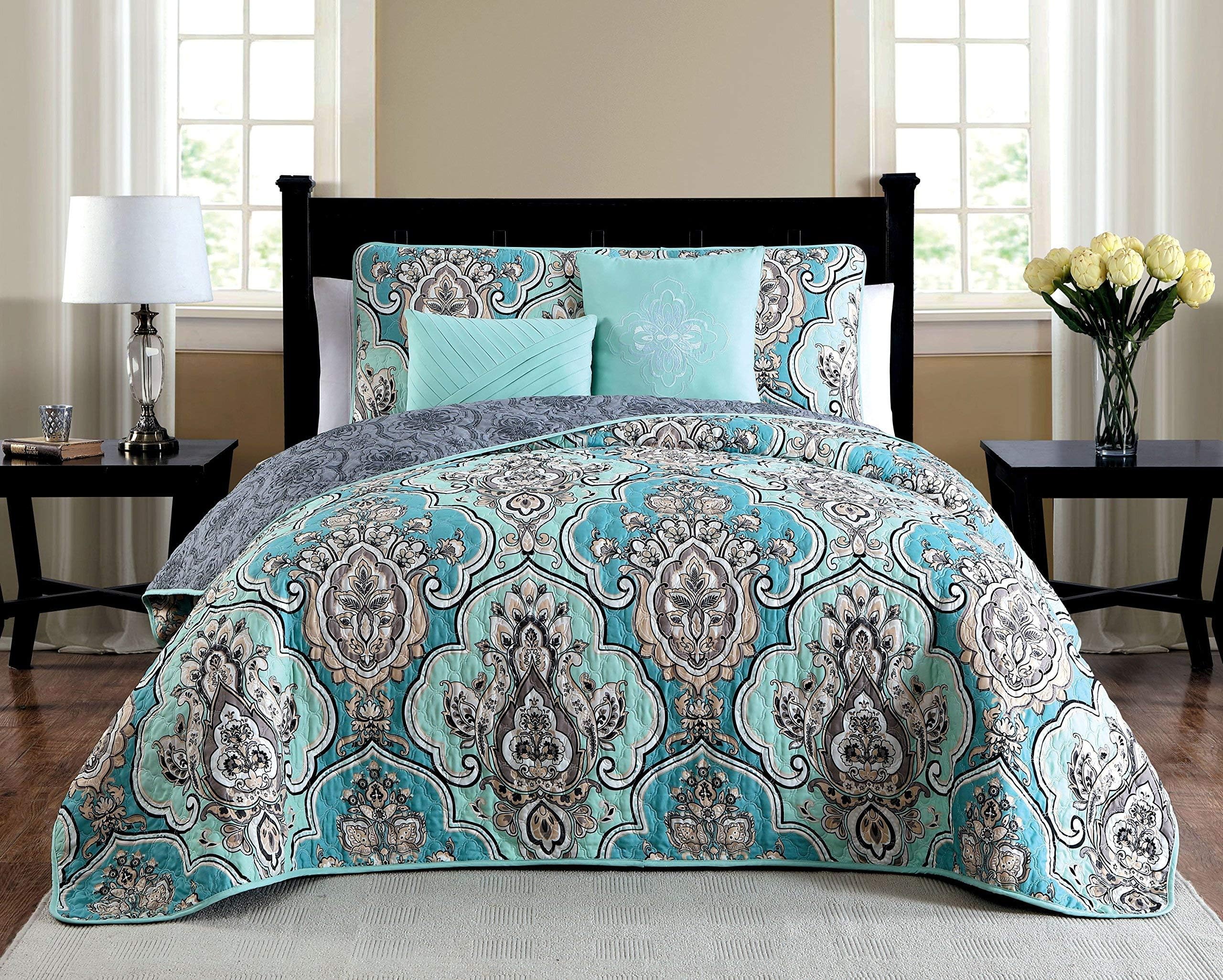 Avondale ManorOdette 5-Piece Quilt Bedding Set, Reversible Lightweight Comforter Bedspread, Hypoallergenic Microfiber Coverlet with Decorative Pillows, All Season, Queen, Teal