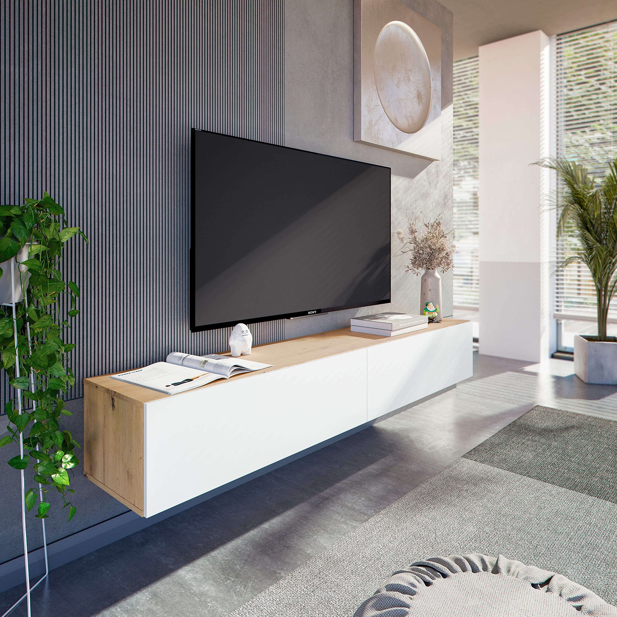 Habitdesign Muebles TV de Comedor Kaway Color Roble Nodi y Blanco Artik 35x180x28 cm