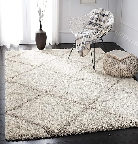 SAFAVIEH Colección Hudson Shag -Alfombra de área, 9x12 pies, marfil y beige, diseño moderno de enrejado, no desprende pelusa y de fácil cuidado, 2
