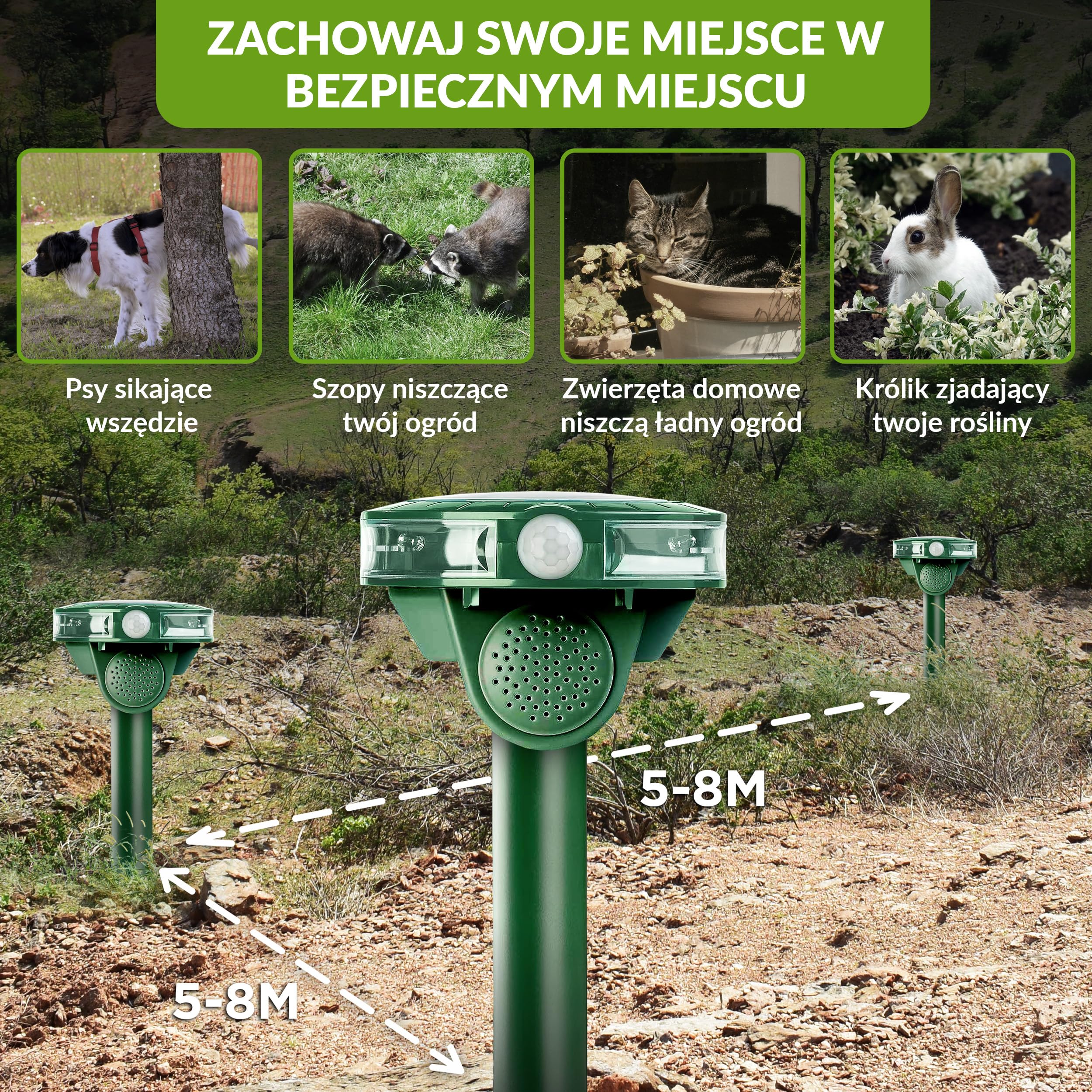 ISOTRONIC Solarny odstraszacz kotów, psów, lisów i szopów – Ultradźwiękowy – Z kolcem do wbijania w ziemię – Do ogrodu i na trawnik – Zasięg 40 m² (2 sztuki)