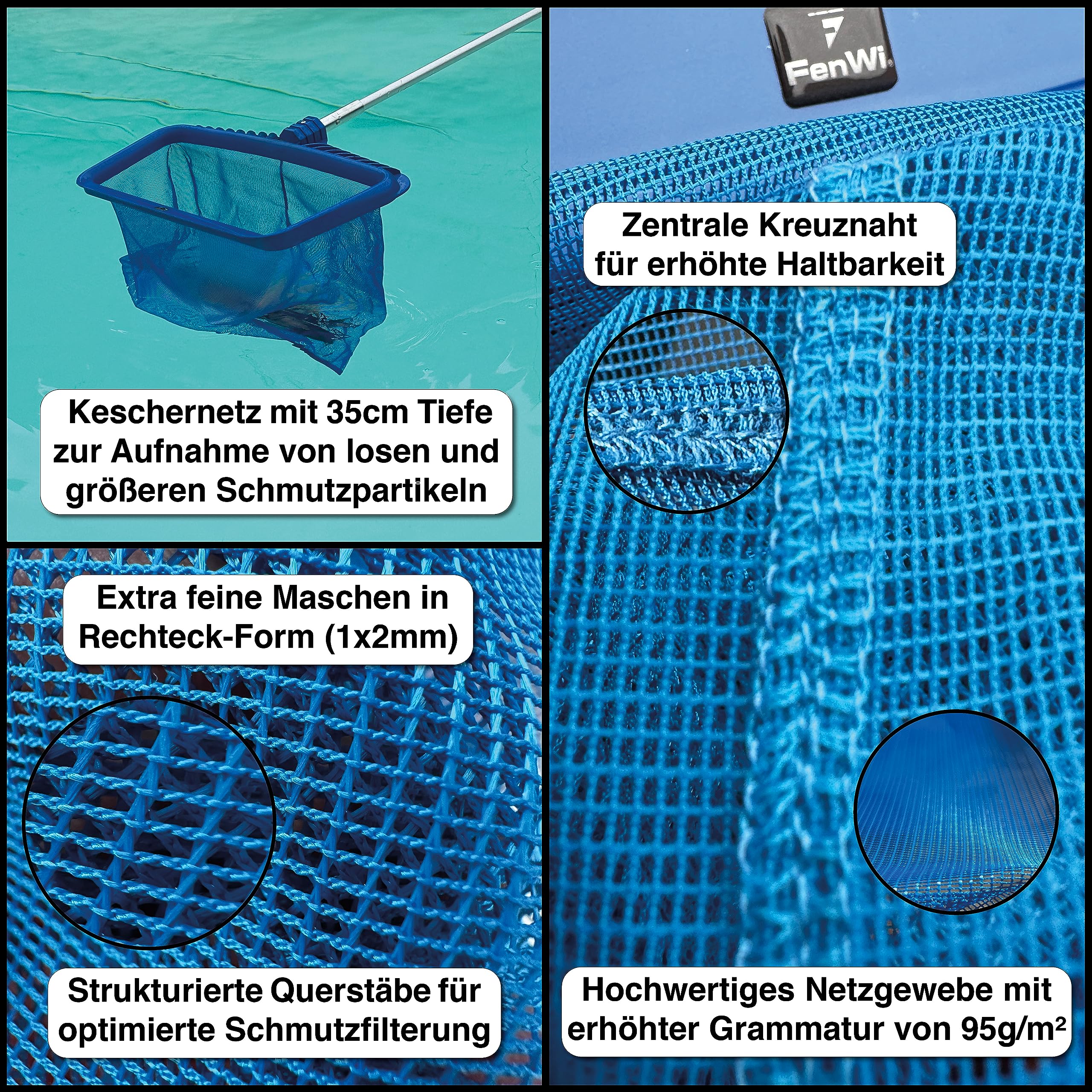 FenWi 4m Komplett Set zur Poolreinigung und Teichreinigung / 2X Kescher und 2X Bürste/Teleskopstange mit Oberflächenkescher Tiefenkescher Poolbürste Teichbürste