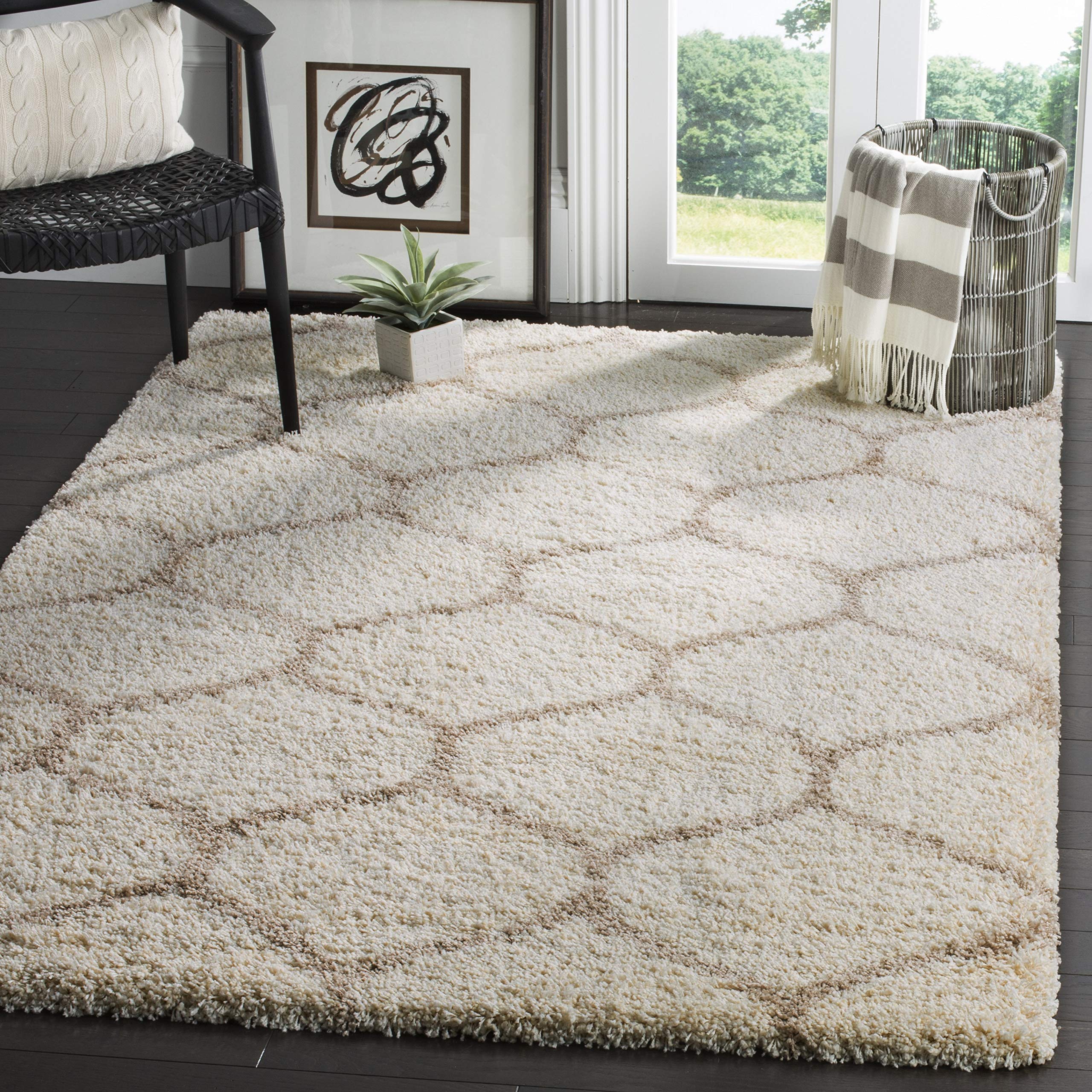 SAFAVIEH Hudson Shag Collection 3' Square Ivory/Beige SGH280D Moroccan Ogee Trellis Non-Shedding Living Room Bedroom Dining Room Entryway Plush 2-inch Thick Area Rug