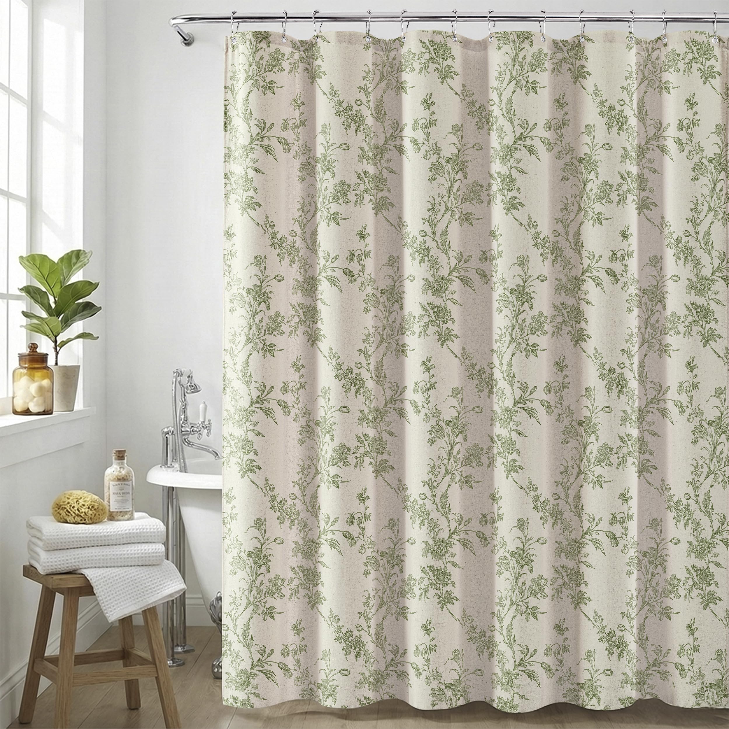 TURKIO Sage Green Floral Vintage Linen Shower Curtain, French Country Cottagecore Shower Curtains for Bathroom