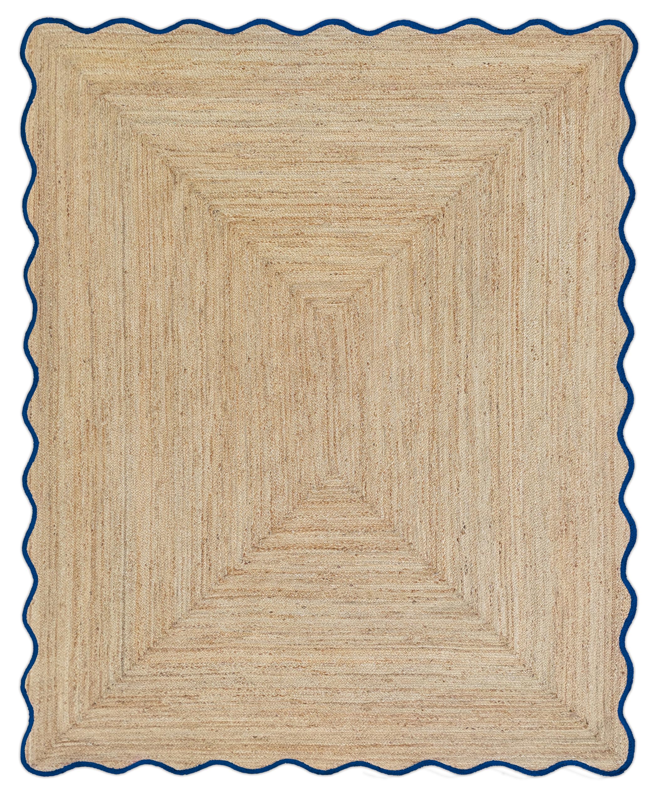 Weaving Village Wave Scalloped Natural Jute Boho Braided Area Rug, Coastal Farmhouse Scallop Rug, Navy (6'x9')