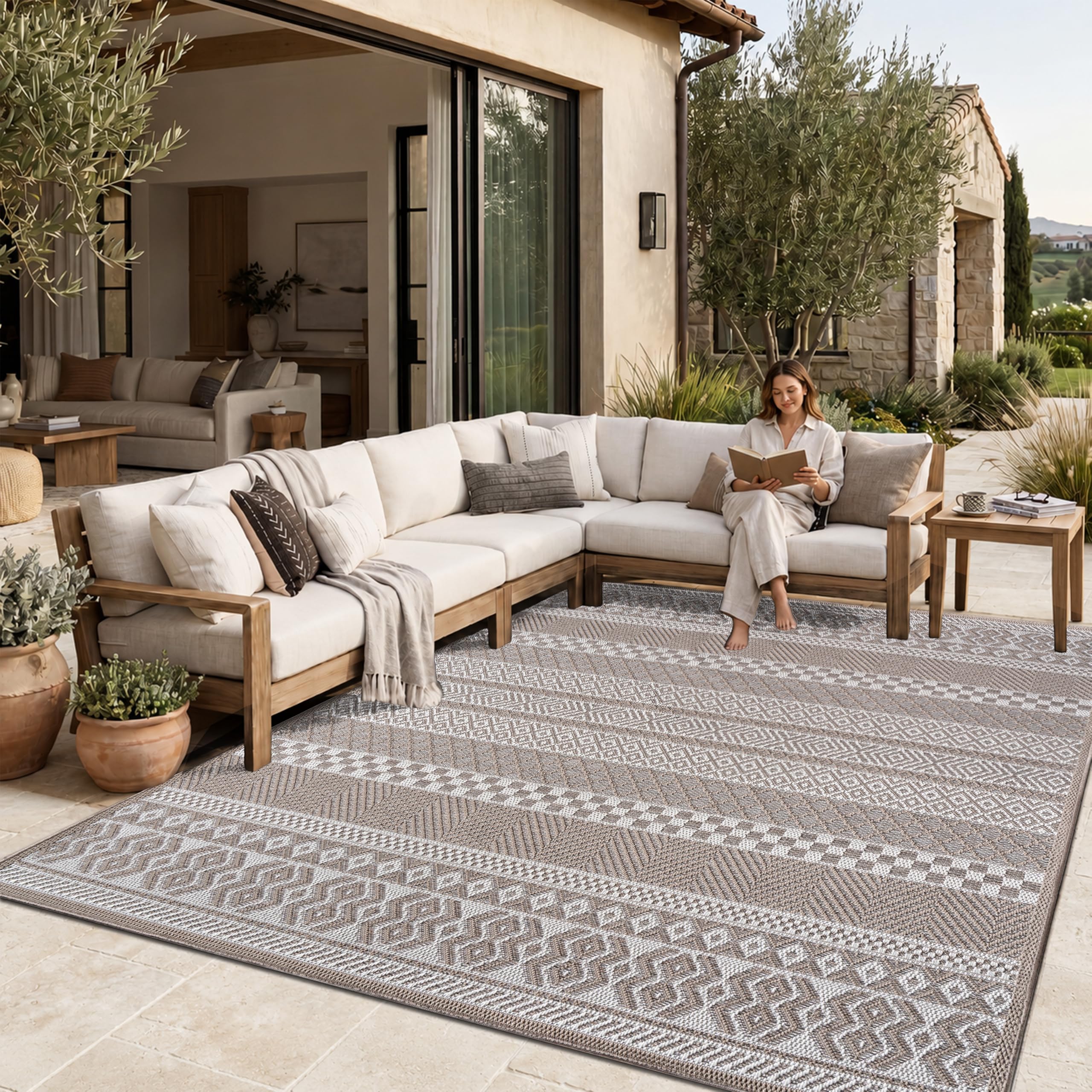 Paco Home Tappeto Per Esterno Da Balcone Terrazza Tappeto Cucina Moderno Boho Etnico, Dimensione:160x220 cm, Colore:Beige