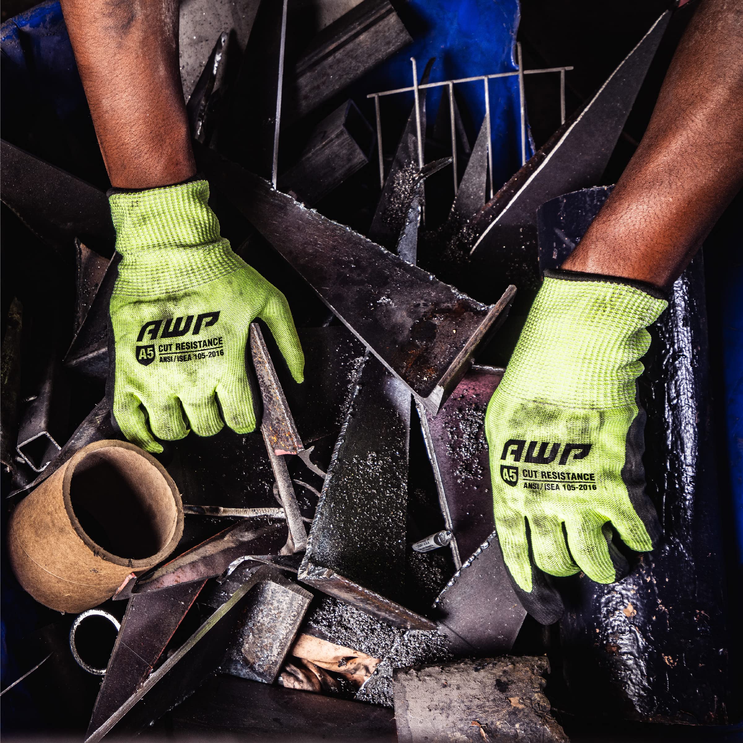 AWP Guantes de trabajo con revestimiento resistente a cortes ANSI A5 de alta visibilidad para hombres y mujeres, talla L